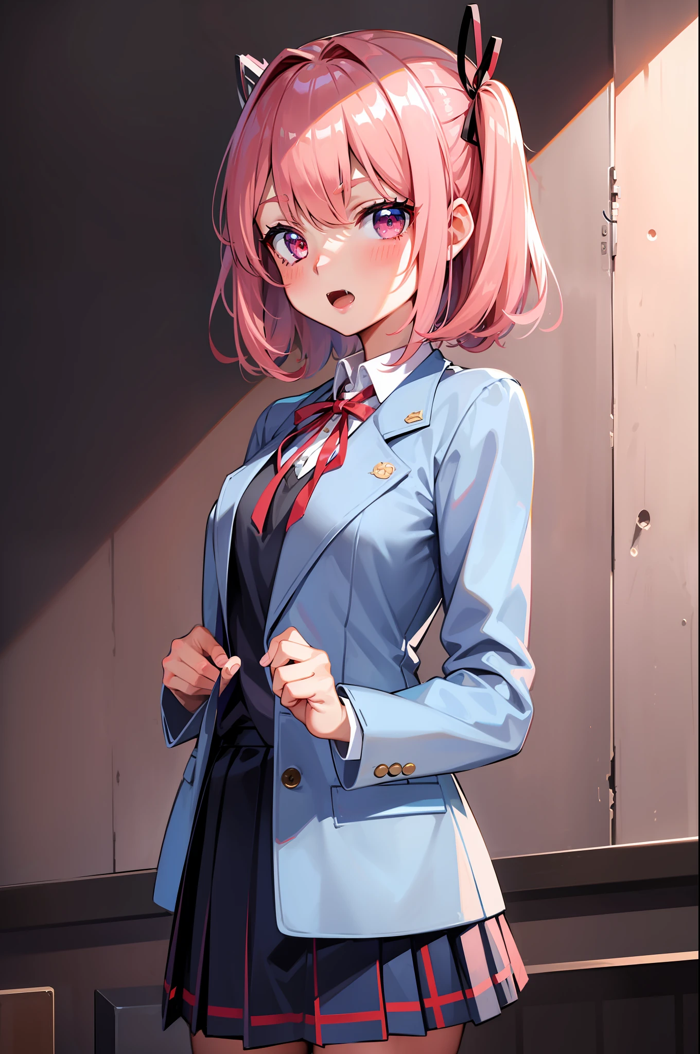 1girl, bangs, blue_skirt, blush, eyebrows_visible_through_hair, fang, grey_jacket, hair_ornament, hair_ribbon, hairclip, jacket, long_sleeves, looking_at_viewer, natsuki_(doki_doki_literature_club), open_mouth, pink_hair, pleated_skirt, red_ribbon, ribbon, school_uniform, short_hair, simple_background, skirt, solo, two_side_up