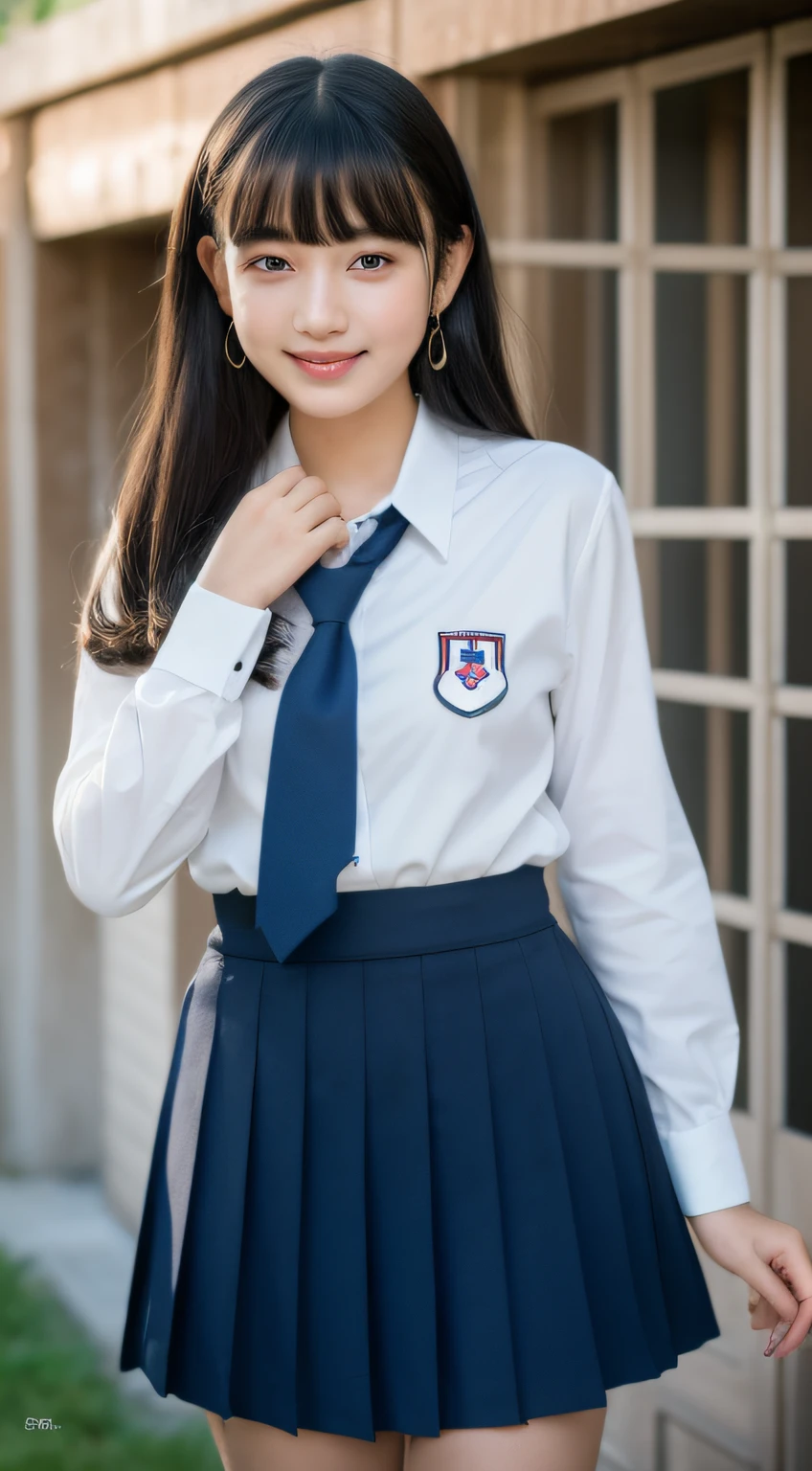 8K raw photos, High resolution, , Bust up, bossy pose, moody smile, , School uniform, Fluffy shirt, Skirt, School Classroom, School Desk, Beautiful thighs, Beautiful girl at 16 years old, Round face, Baby face, Very thin mouth, beautiful eyes in detail, long eyelashes, Beautiful double eyelids, Three white eyes, Duck mouth, Blunt bangs, , earrings,  Black hair,asian human