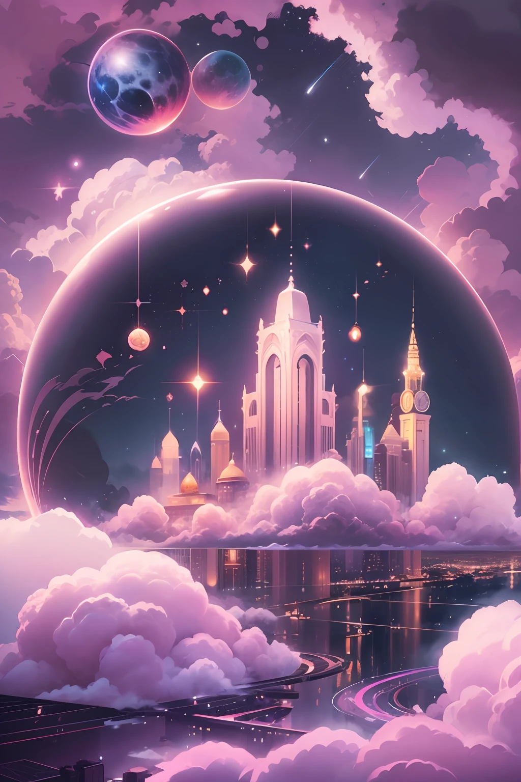 in style of logo design , ,City on the Clouds,lotuses,starrysky,the night,Genesis