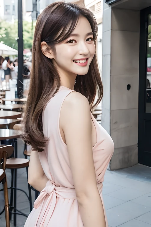 Big clear and bright eyes, The nose is slender and straight, Plump soft lips and fair and flawless complexion, The top of the head is slightly fluffy, inner curl of the ends of the hair; Makeup looks fresh and natural, Pale pink blush, reddish-brown eyeshadow and lipstick, Smooth lines, Show off the curvaceous beauty of women; Posture confident and sexy, Light pink, royal blue or white wrap dress or skirt, A trendy neighborhood or café in Korea, Create an urban leisure atmosphere, This can be seen in their eyes and smiles