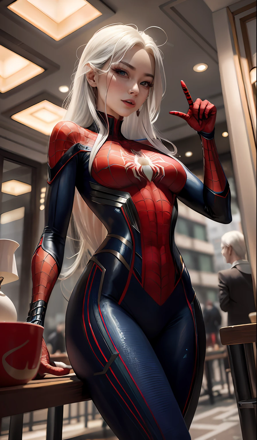 4k，realisticlying，Glamorous，The is very detailed，There is a girl in Shanghai，wearing Spider-Man costume，she is a spiderman，white super hero theme，long  white hair，35yo，full bodyesbian