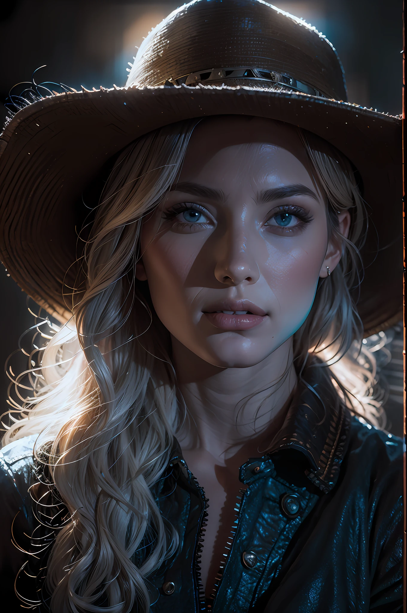 (front focus), (in the dark:1.6), Hyperrealist portrait of female by david hockney and alphonse mucha, fantasy art, photo realistic, dynamic lighting, artstation, poster, dynamic natural lighting, very detailed faces, 4 k, award winning, 1girl, in the light, deep shadow and crisp highlights, low key, cowboy shot, (official clothing:1.4), long hair, white hair