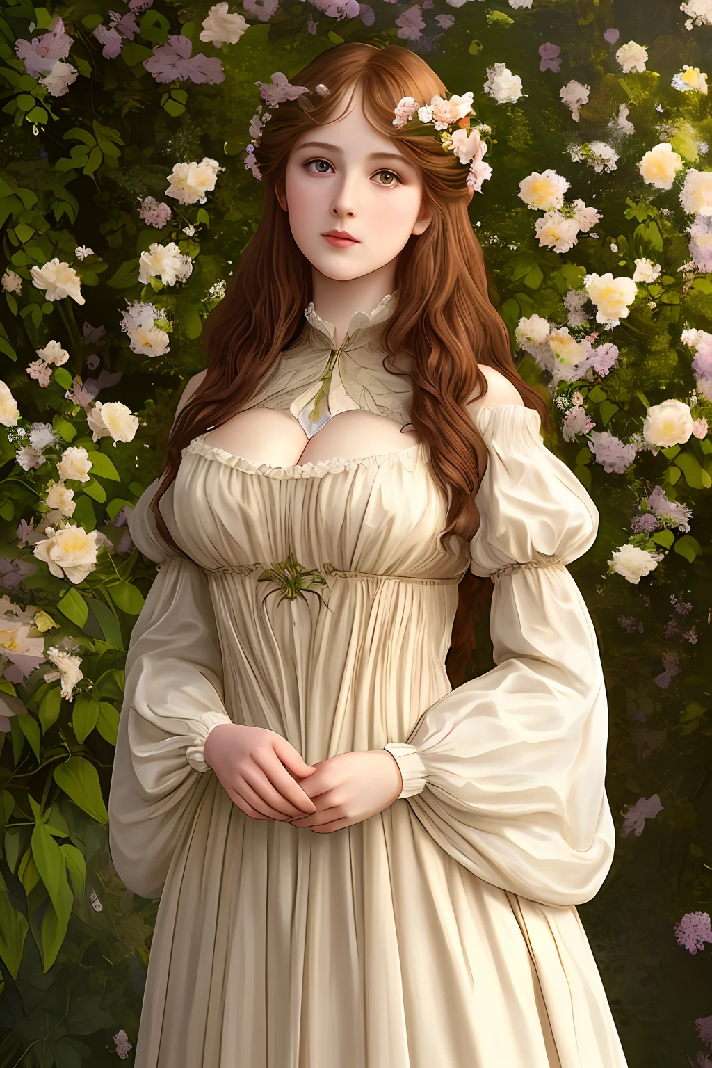 「In the Pre-Raphaelite masterpiece、Very beautiful young fantasy princess standing in flower garden、Shines with photorealistic and dreamlike effects in backlight。Her brown hair is soft and backlit、Her sheer dress offers a glimpse of cleavage。Arch completes the surreal scene。」