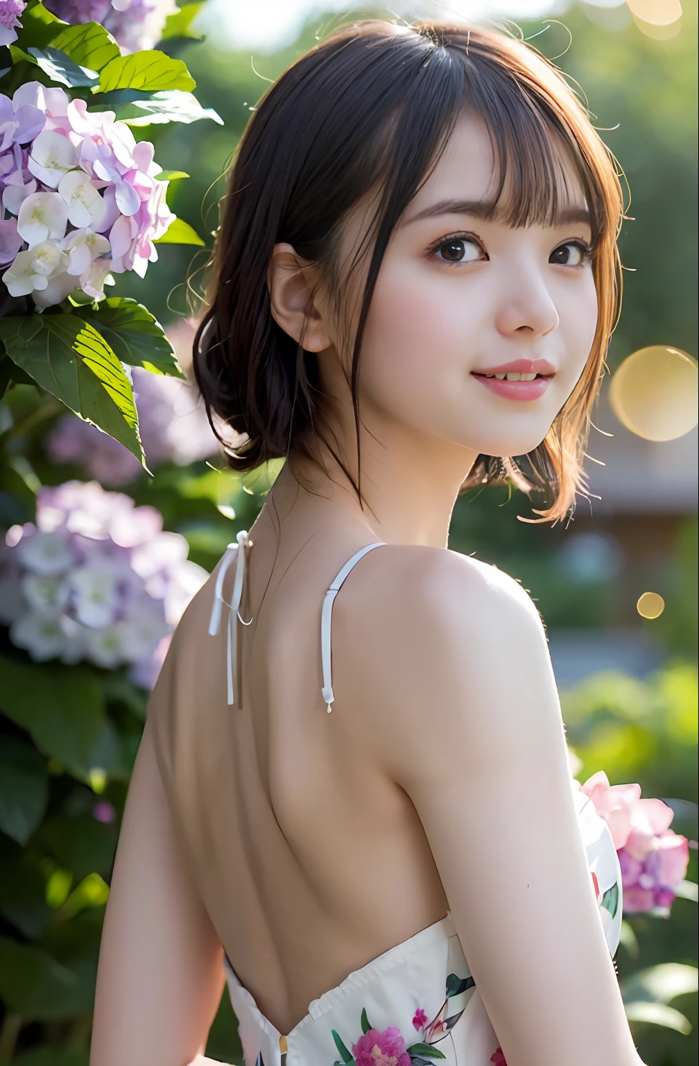 (((Full body photo)))), ((Single eyelid))),((Sunset backlight))),(Lens flare)),(Wearing china clothes)),(((Super Soft Focus)))))), smiling, (Profile))))), (Upward)), twilight, showering, Colorful hydrangea on background, surrounded by hydrangeas, ((soft sunset)), (yinchuan:1.5), masterpiece, best quality, raw photo, photorealistic, face, beautiful girl, cute, short hair, ((((depth of field)))), high resolution, ultra detail, fine detail, very detail, cinematic lighting