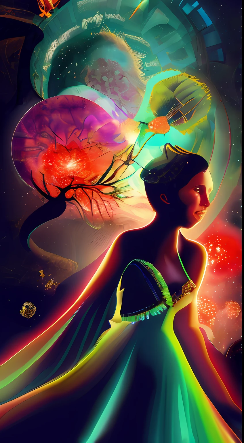Incredible and spectacular scene, a "((high quality)), (detailed)), ((fantasy)), illustration, perspective (45 degree tilt angle), theme (enchanted forest style), scene elements (handsome boy, beautiful girl), picture quality (3D rendering effect), exquisite details, beautiful lights "emerge from glowing clouds, fractal nebula lines, cosmic entities, celestial bodies, universes, vibrant and vivid, swirling, rotating, impractical, high contrast, co-metabolic, magical, mysterious, mysterious, surreal, Oversaturated, colorful