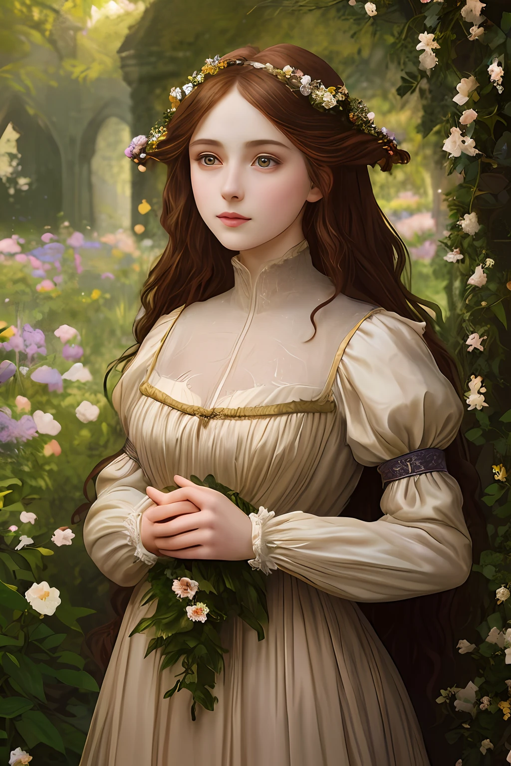 「In the Pre-Raphaelite masterpiece、Very beautiful young fantasy princess standing in flower garden、Shines with photorealistic and dreamlike effects in backlight。Her brown hair is soft and backlit、Her sheer dress offers a glimpse of cleavage。Arch completes the surreal scene。」