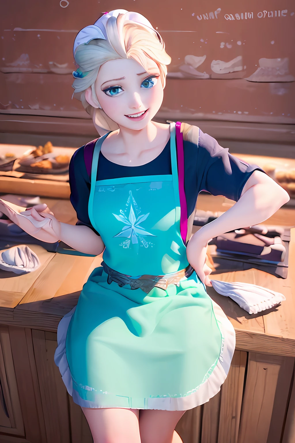 (masterpiece:1.4), (best qualit:1.4), (high resolution:1.4), elsa of arendelle, smile, sitting on bed, bedroom, looking at viewer, hands at side,((Apron:1.4)),(((only wearing apron:1.5))