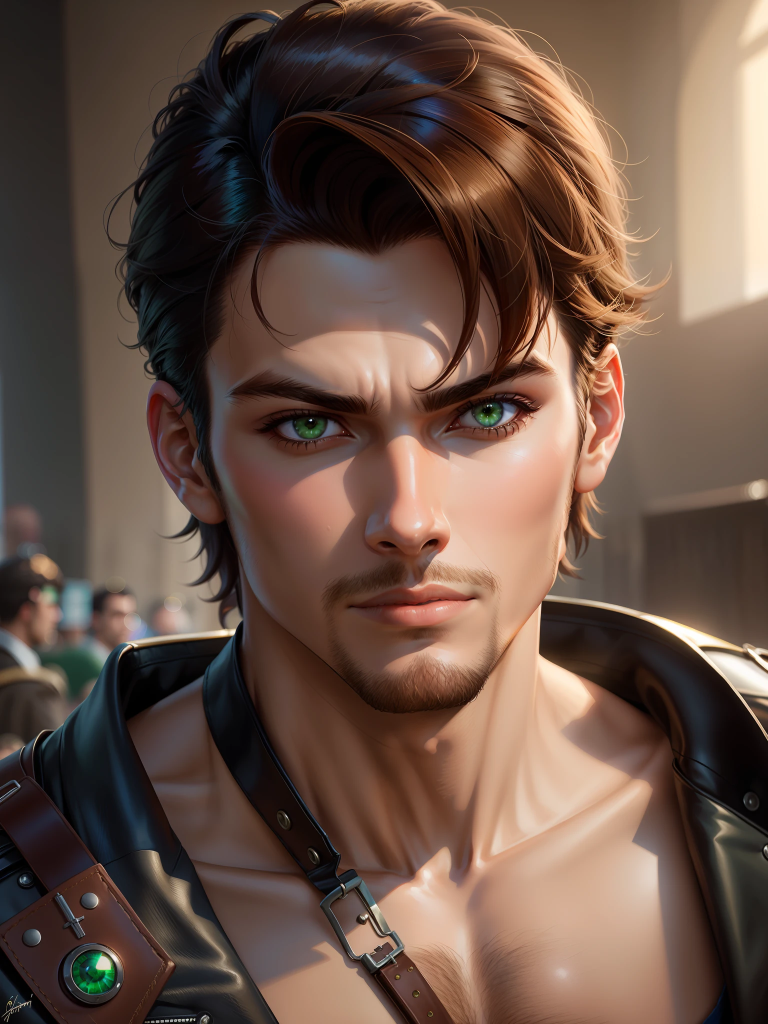 There is a man with a leather jacket and a green eye, retrato Artgerm, bonito rosto detalhado, Artgerm. High detail, Artgerm em ArtStation Pixiv, retrato de personagem de closeup, Artgerm extremamente detalhado, irreal 5. retrato de rpg, Stanely Artgerm, retrato masculino da fantasia, Retrato anime de um homem bonito
