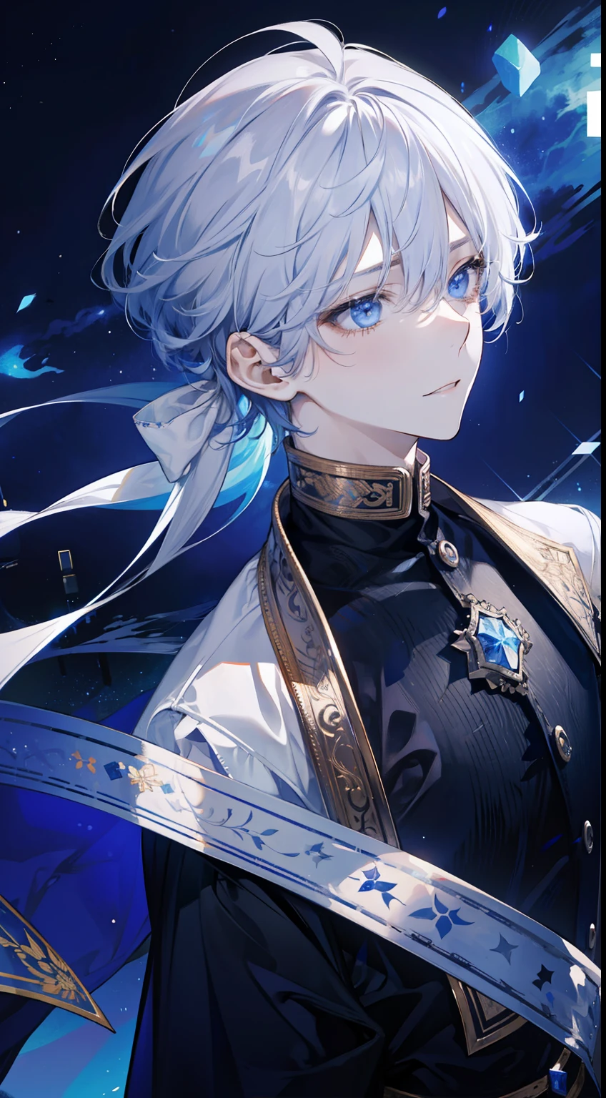 male, starry sky, looking down, near angle, tear, silver hair, sad