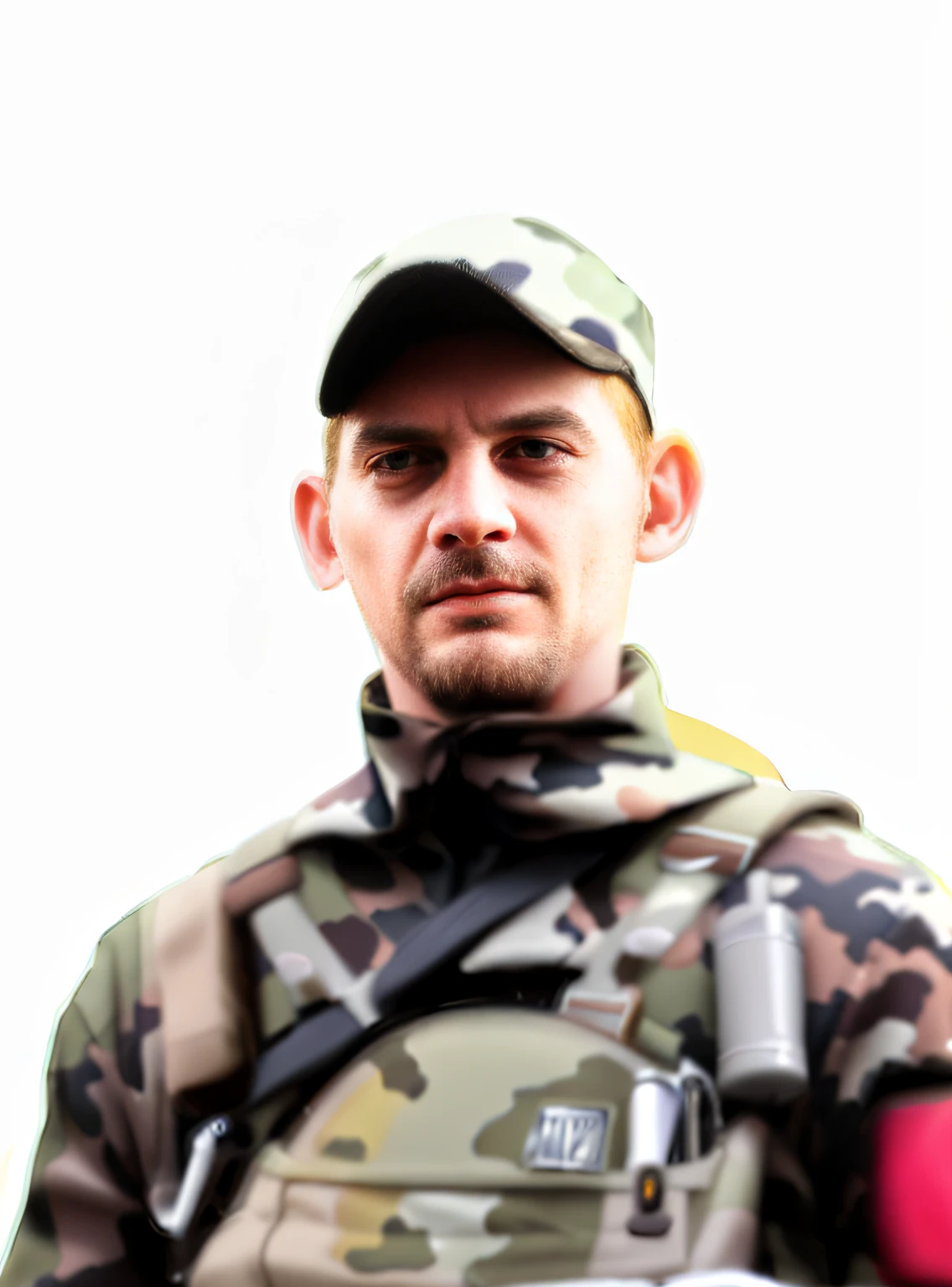 A man in a camouflage jacket and hat walks, Holding Frisbee, Radoslav Svrzikapa, Tomasz Strzalkowski, kacper niepokolczycki, Patrick Hardzei, michal mraz, michal, zdzislaw beksinski, Volodymyr Zelensky at war