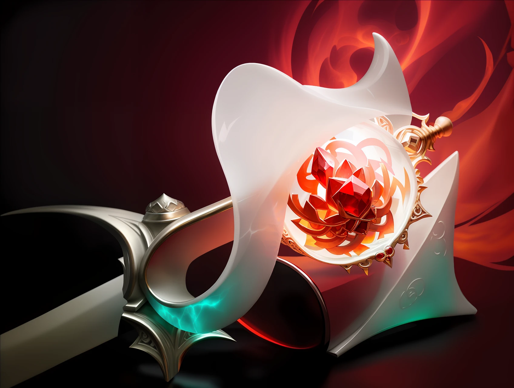 Close-up of the white jade staff,The handle is made of Mithril silver,In the center of the white jade staff, This burning garnet is suspended,Garnet born from the Flame Demon,red flames