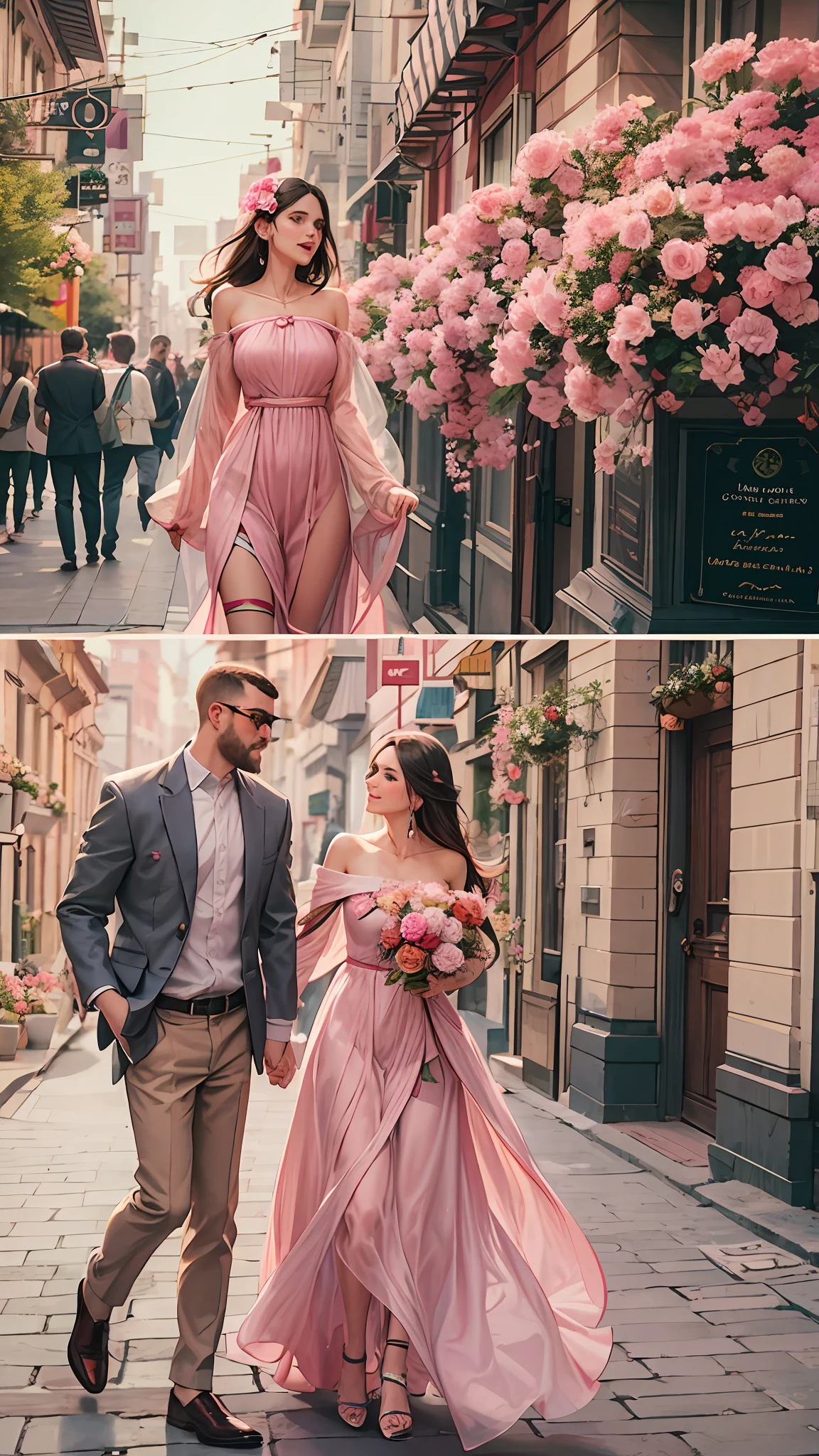 Walking on city streets, a man and a woman, bandeau dress, wearing long gorgeous clothes, wearing pink flower long dress, cute couple, shopping, in the city
