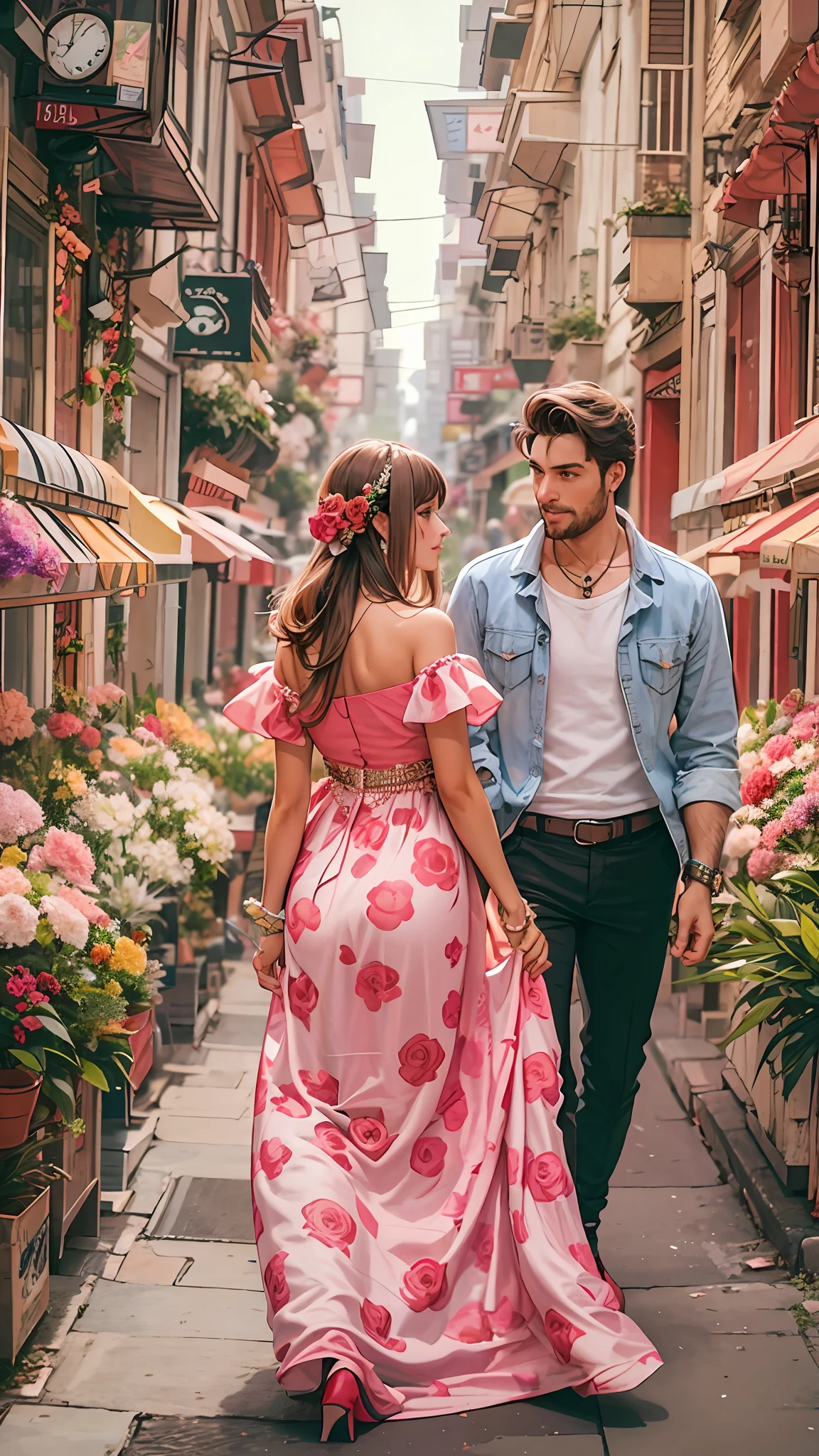 Walking on city streets, a man and a woman, bandeau dress, wearing long gorgeous clothes, wearing pink flower long dress, cute couple, shopping, in the city