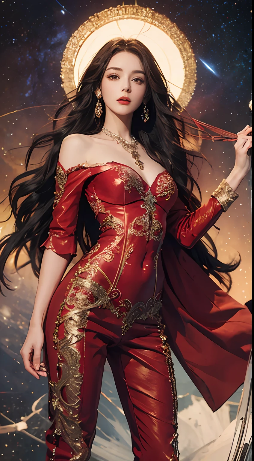Delicate facial features, beautiful Girl, Above is a red bandowle, Red lace pants underneath, antique dress, Handheld Strings, long hair hanging down the shoulders, floating in the universe