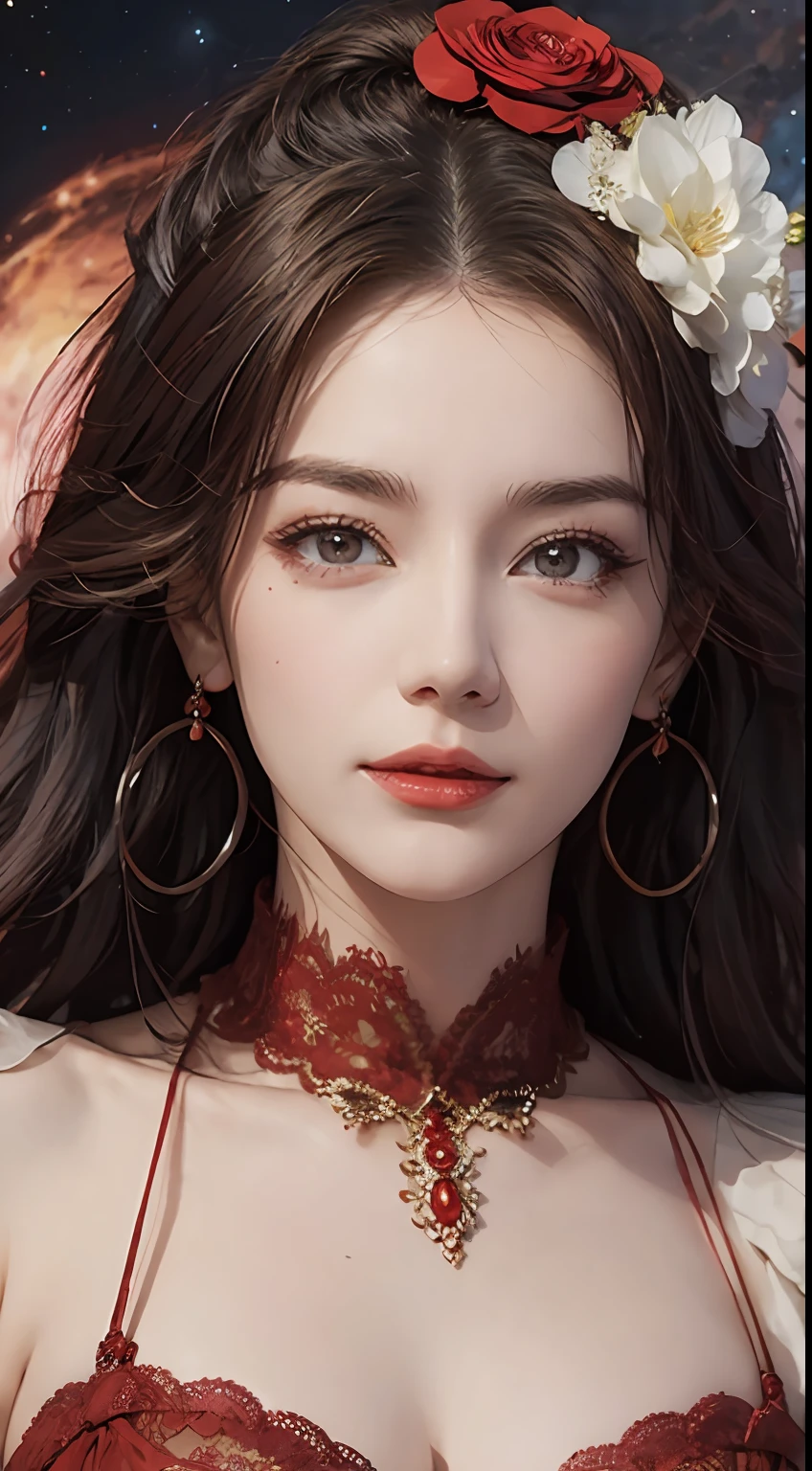 Delicate facial features, beautiful  Girl, Above is a red bandowle, Red lace pants underneath, antique dress, Handheld Strings, long hair hanging down the shoulders, floating in the universe