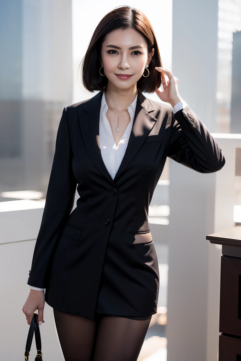 (8K, Best quality, Masterpiece:1.2), (Realistic, photo-realistic:1.37), Ultra-detailed, 1 girl, full bodyesbian, Outdoors, (Adjust hair:1.5) Office Lady, black officeblazer, officeskirt, (Pantyhose:1.2), (short buttoneddownshirt:1.2), buttonedupcollarprim, buttoneddowncollarprim, Bra, (Pantyhose:1.2), alphalayers, high-heels, Beautiful earrings, Cute, Solo, Beautiful detailed sky, (Smile:1.15), (Closed mouth), Small breasts, Beautiful detailed eyes, Business attire, (Short hair:1.2), Floating hair NovaFrogStyle,