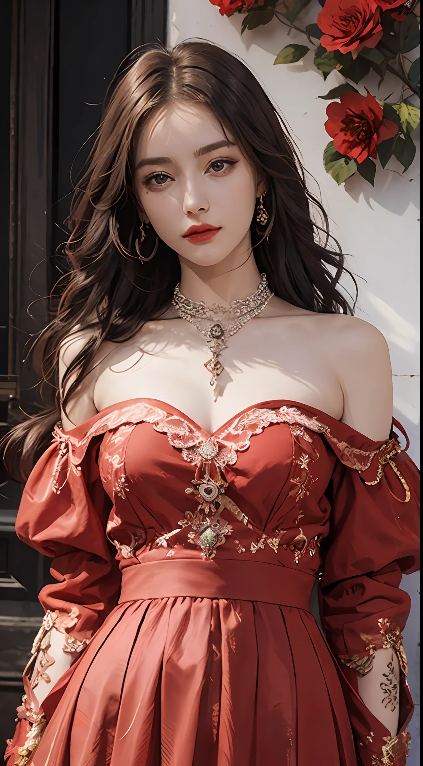 Delicate facial features, beautiful Girl, Above is a red bandowle, Red lace pants underneath, antique dress, Handheld Strings, long hair hanging down the shoulders, floating in the universe