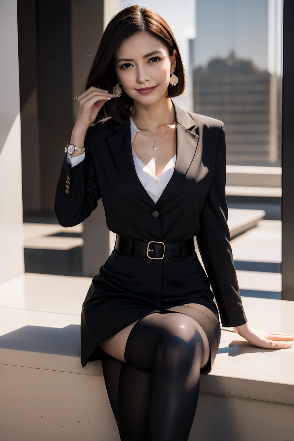 (8K, Best quality, Masterpiece:1.2), (Realistic, photo-realistic:1.37), Ultra-detailed, 1 girl, full bodyesbian, Outdoors, (Adjust hair:1.5) Office Lady, black officeblazer, officeskirt, (Pantyhose:1.2), (short buttoneddownshirt:1.2), buttonedupcollarprim, buttoneddowncollarprim, Bra, (Pantyhose:1.2), alphalayers, high-heels, Beautiful earrings, Cute, Solo, Beautiful detailed sky, (Smile:1.15), (Closed mouth), Small breasts, Beautiful detailed eyes, Business attire, (Short hair:1.2), Floating hair NovaFrogStyle,