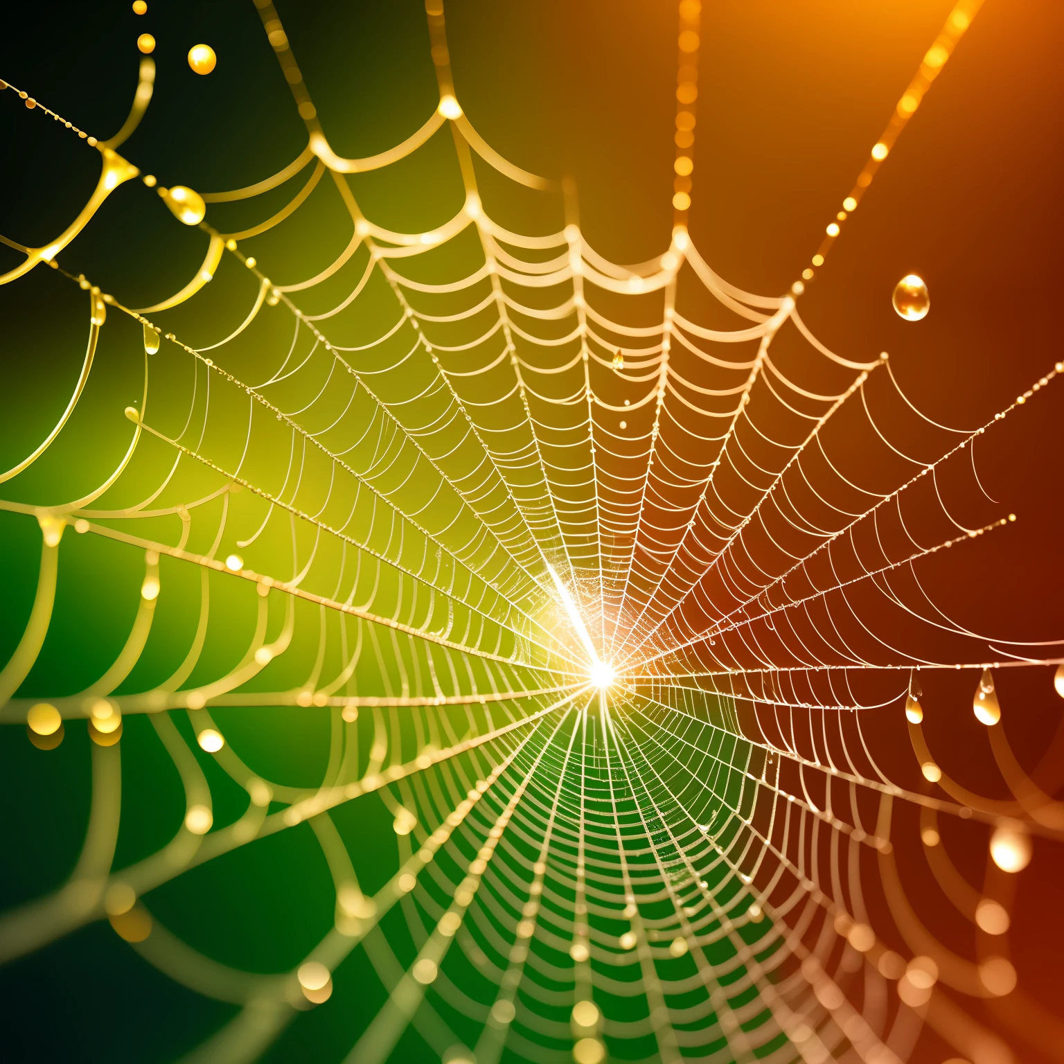 macro photography of dewdrops on a spiderweb, with morning sunlight creating rainbows