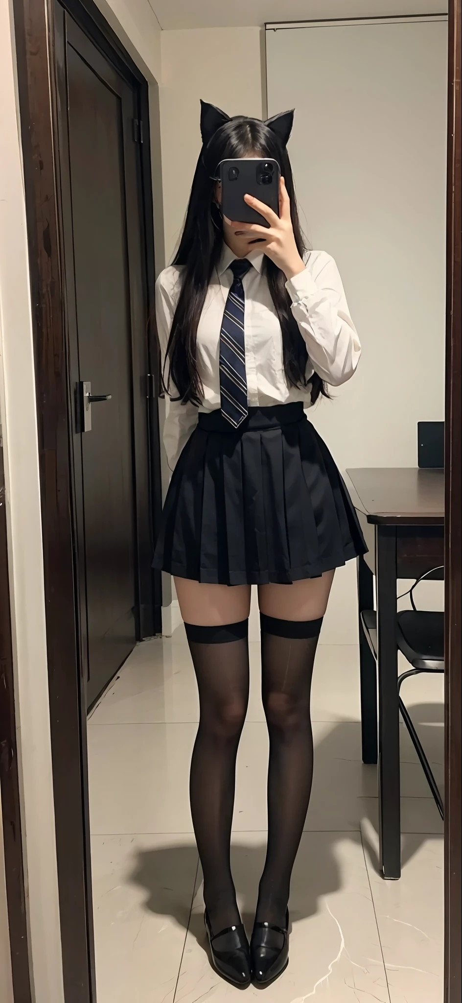 There is a woman in a skirt and a cat mask taking a selfie in front of the mirror, Surrealism female students, thighhighs and skirt, Surrealism female students, Realistic schoolgirl, cute female student, wearing skirt and high socks, Full body picture, anime barbie in white stockings, dressed as schoolgirl, very sexy outfit, Anime girl cosplay, pretty face with arms and legs