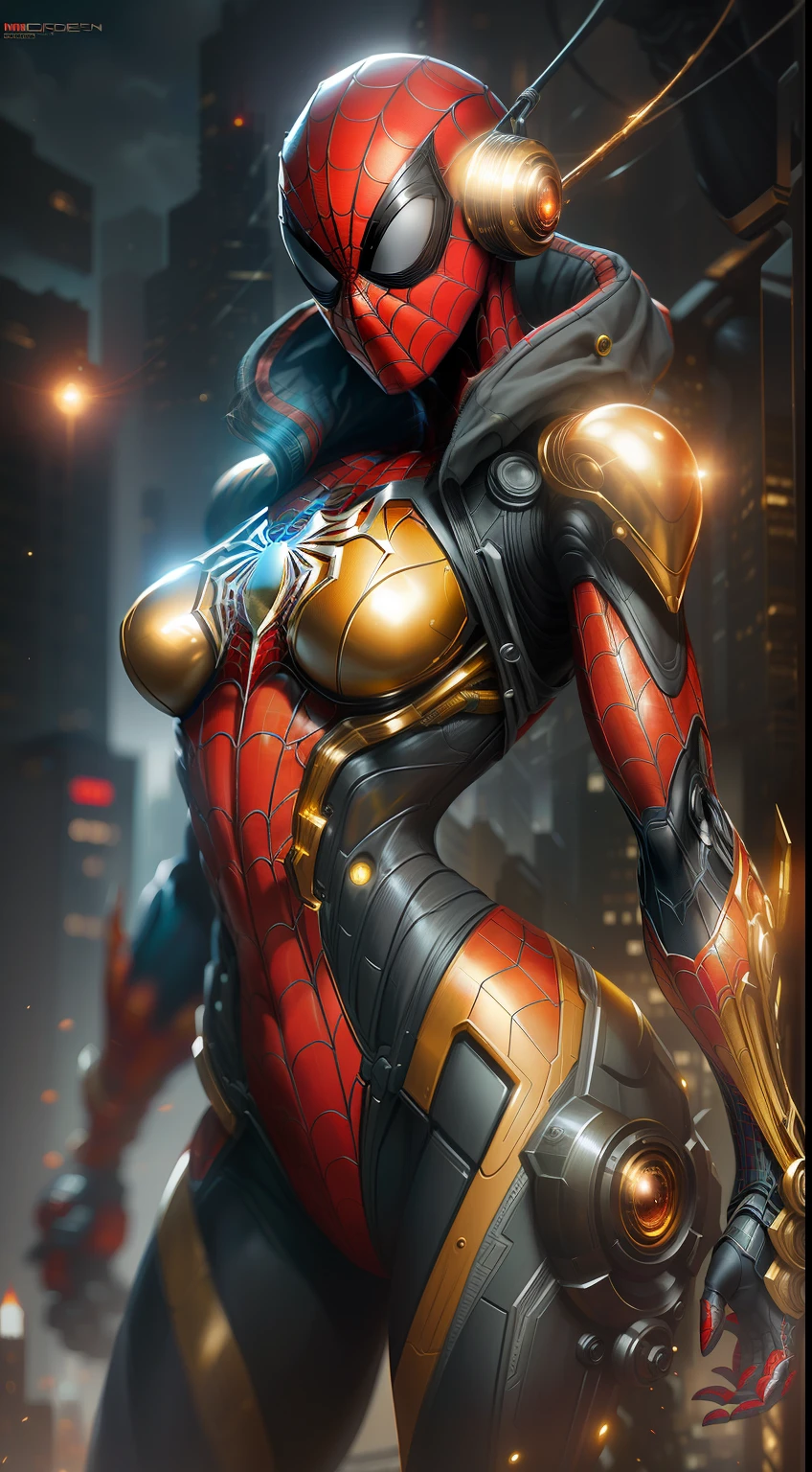 Spidergirl from Marvel photography, biomechanics, complex robots, gold spiderman logo, full growth, hyper-realistic, crazy little details, incredibly clean lines, cyberpunk aesthetic, masterpiece featured on Zbrush Central