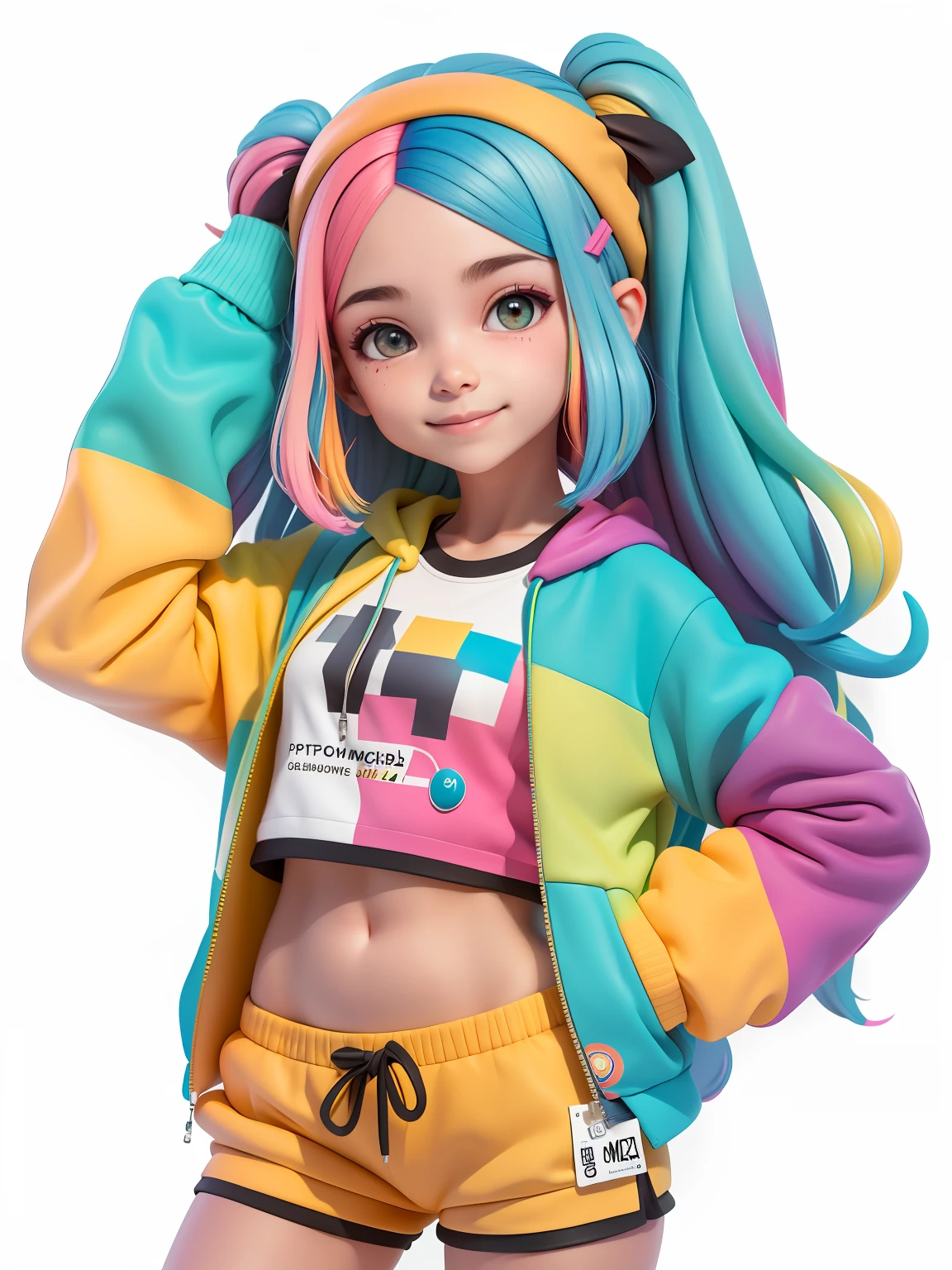 (obra-prima), (melhor qualidade), (ultra-detalhado), (corpo inteiro: 1.2) menina adolescente, moletom, capuz, touca, sorriso claro, corpo inteiro, :3, cabelo colorido e preso, modern accessories, fundo tom pastel , colorido e simples.
