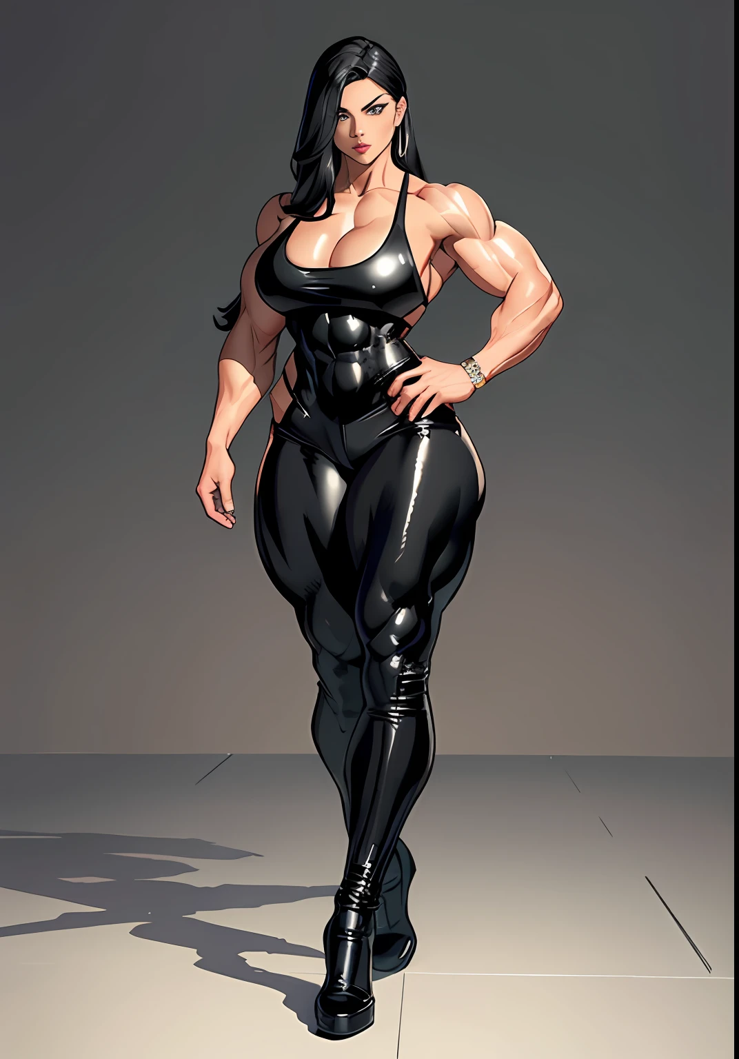 A woman in a black latex tights poses for a photo, Muscular girl, muscular character, muscular ultraviolent woman, female and muscular, muscular warrior women, Muscular!! Sci-fi, female human body whole body, Large muscles, female human body whole body, Very beautiful. Big muscles, Muscular!!, Huge muscles, Muscular!, bodybuilder superhero bikini, muscular features, bodybuilding woman