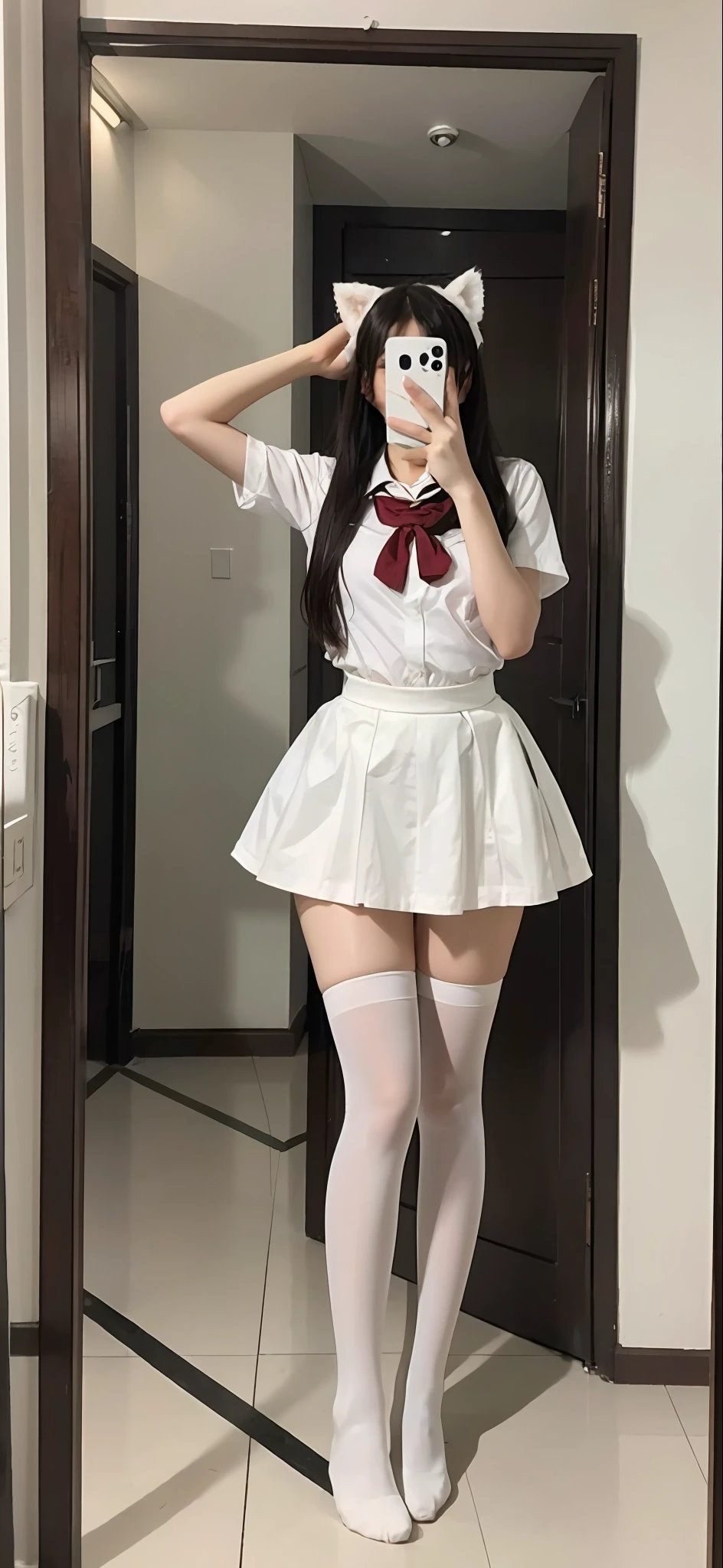 There is a woman in a skirt and a cat mask taking a selfie in front of the mirror, Surrealism female students, thighhighs and skirt, Surrealism female students, Realistic schoolgirl, cute female student, wearing skirt and high socks, Full body picture, anime barbie in white stockings, dressed as schoolgirl, very sexy outfit, Anime girl cosplay, pretty face with arms and legs