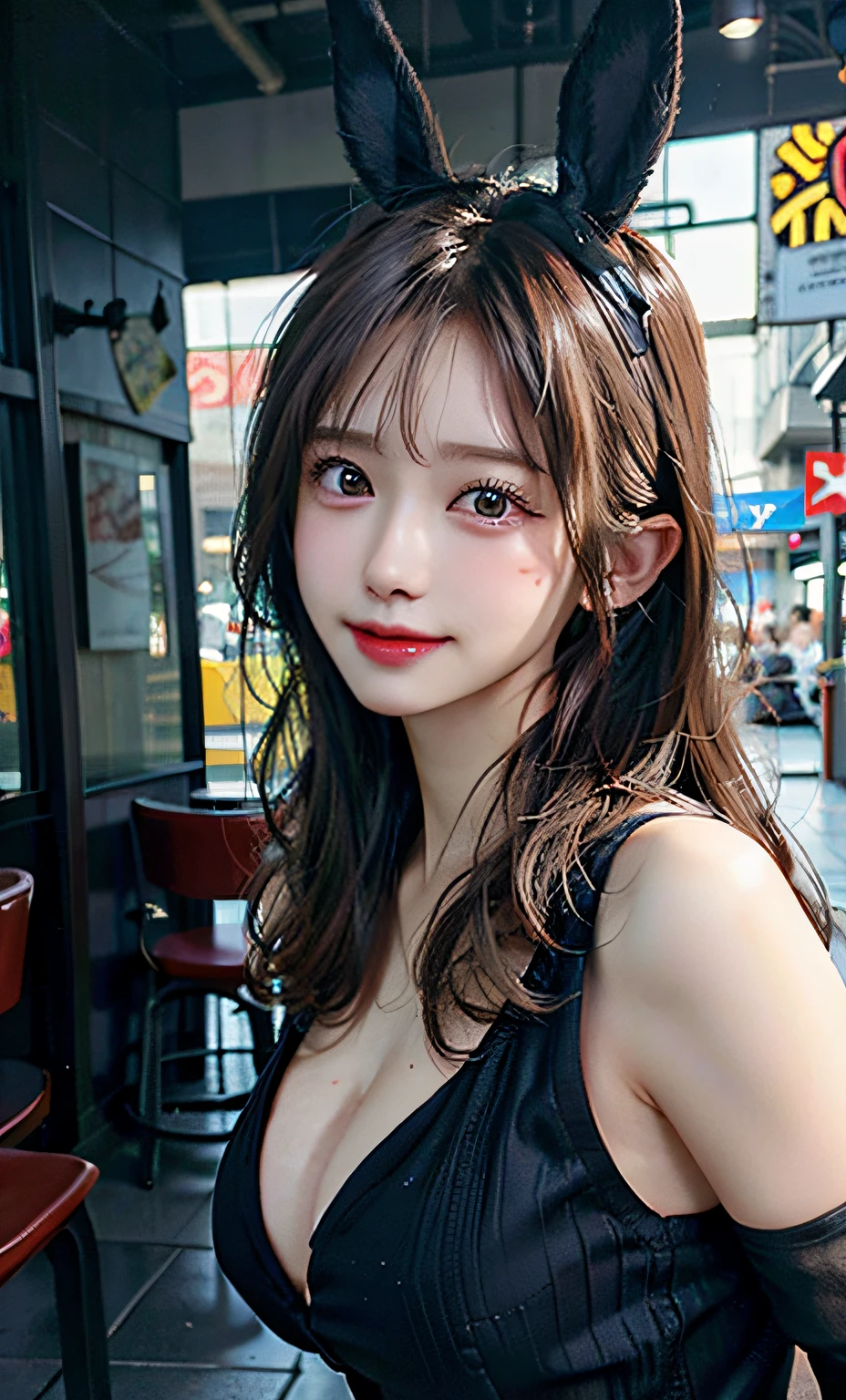 (RAW photo: 1.2), top quality, beautiful detailed girl, bunny girl, smile, short hair, highly detailed eyes and face, beautiful detailed eyes, huge file size, high resolution, 8k wallpaper, fine detail, highly detailed ticker uniform 8k wallpaper, light on face, movie lighting, girl, sexy pose, (photorealism: 1.4), illustration, super detail, masterpiece, playboy bunny, fishnet pantyhose, camel toe, dynamic pose