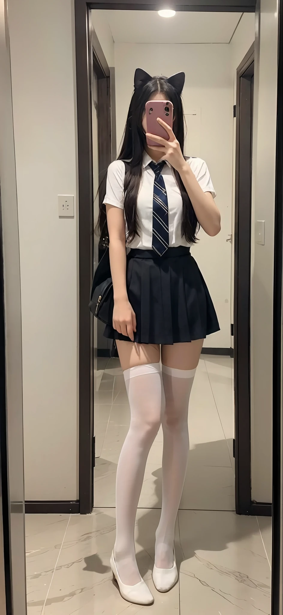 There is a woman in a skirt and a cat mask taking a selfie in front of the mirror, Surrealism female students, thighhighs and skirt, Surrealism female students, Realistic schoolgirl, cute female student, wearing skirt and high socks, Full body picture, anime barbie in white stockings, dressed as schoolgirl, very sexy outfit, Anime girl cosplay, Beautiful face with optimal proportions of arms and legs,Four fingers and a thumb