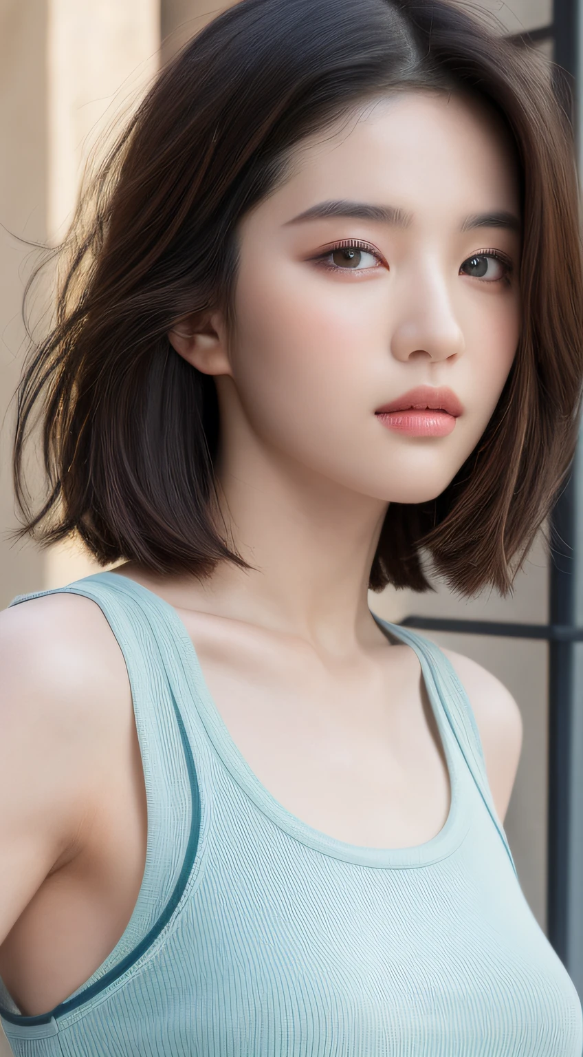 ((Best quality, 8k, Masterpiece :1.3)), Sharp focus: 1.2, Perfect Body Beauty: 1.4, Slim Abs: 1.2, ((Layered hairstyle: 1.2)), (Tank top shirt:1.1), (Street: 1.2), Highly detailed face and skin texture, Fine eyes, Double eyelids