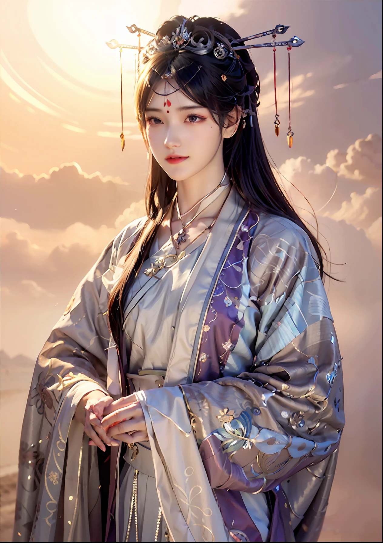 Bust photo, a beautiful woman, messy hair, girly, symmetrical bun, hair accessories, jewelry, delicate face, eye shadow, purple top, purple, purple, crop navel, purple long skirt, Dunhuang style, delicate embroidery, silver decoration, silver streamer, white streamer, light blue streamer, delicate skin, soft light effect, delicate and smooth hair, delicate details, eye highlights, fair skin, fine portrayal, extreme details, cinematic quality, thin, slender, broken, hair details, thin bangs, shawl hair, right body, shadow, air bangs, 8K, super fine, fine fabric texture, soft, smooth, smooth texture, Dunhuang style, delicate pattern, correct hand painting, anatomy correct, accurate, night, dark night, lighting, Tyndall effect, ray tracing, HUD,