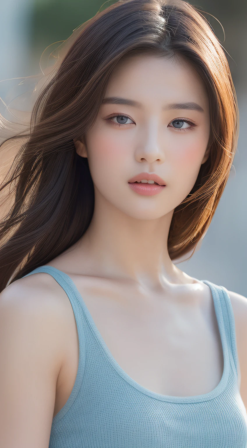 ((Best quality, 8k, Masterpiece :1.3)), Sharp focus: 1.2, Perfect Body Beauty: 1.4, Slim Abs: 1.2, ((Layered hairstyle: 1.2)), (Tank top shirt:1.1), (Street: 1.2), Highly detailed face and skin texture, Fine eyes, Double eyelids