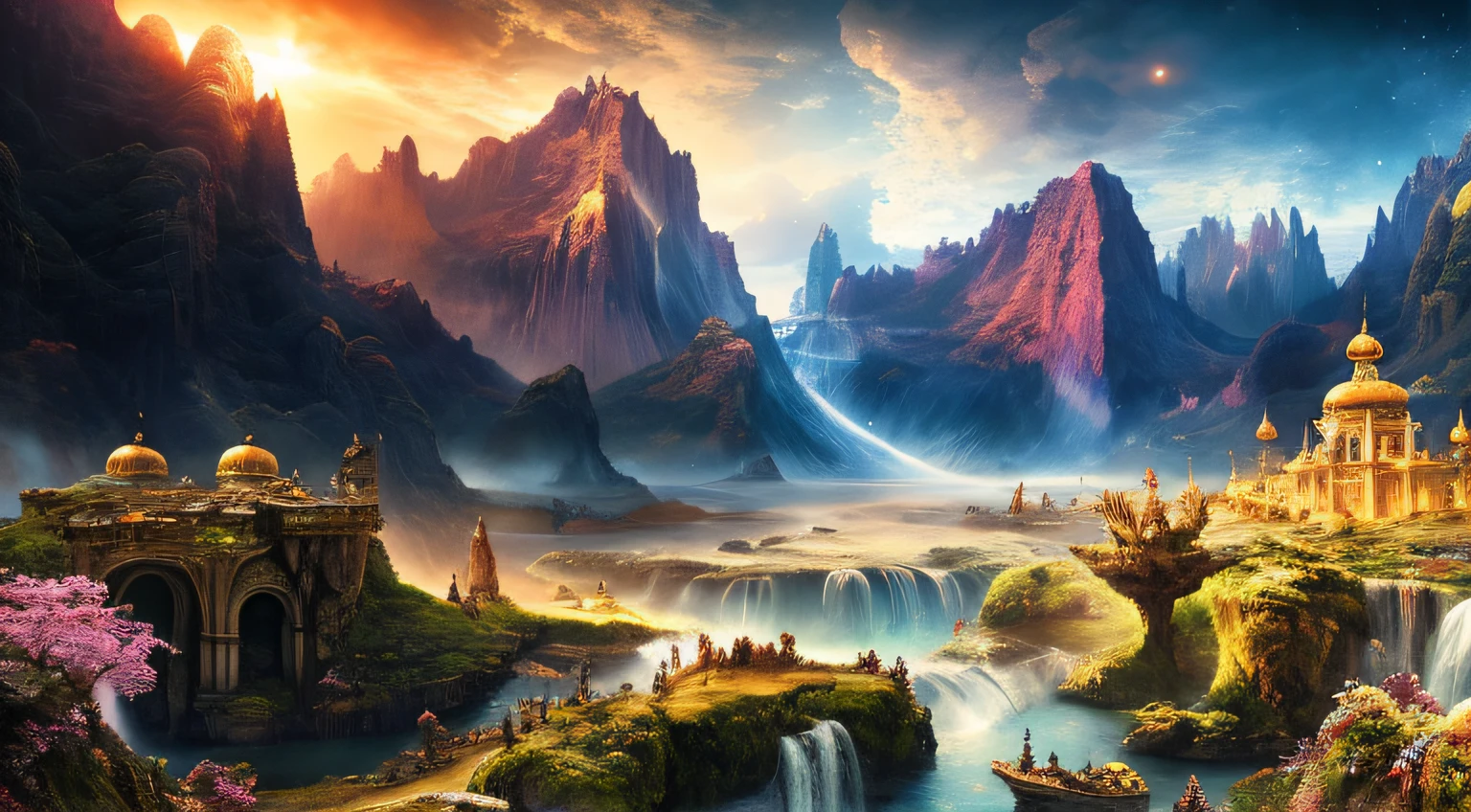 uma pintura de uma paisagem de fantasia com uma cachoeira e um castelo, paisagem de fantasia impressionante, sci-fi fantasy wallpaper, epic dreamlike fantasy landscape, Arte de fantasia 4k, epic fantasy landscape, Arte bonita UHD 4K, 8k arte impressionante, 4 k hd wallpaper muito detalhado, Arte digital altamente detalhada em 4k, Arte de fantasia 8k, most epic landscape