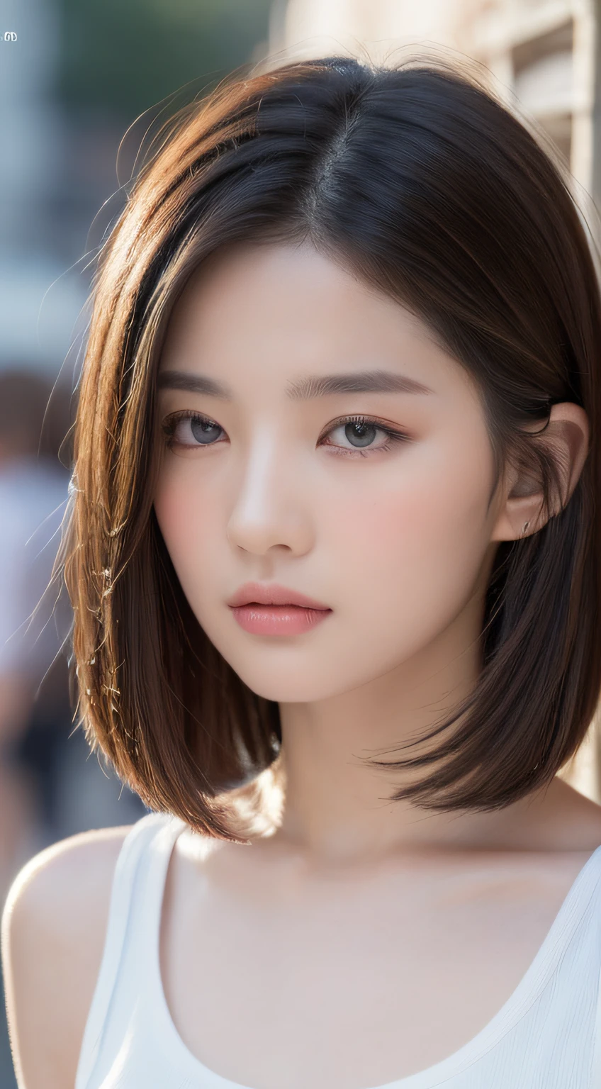 ((Best quality, 8k, Masterpiece :1.3)), Sharp focus: 1.2, Perfect Body Beauty: 1.4, Slim Abs: 1.2, ((Layered hairstyle: 1.2)), (Tank top shirt:1.1), (Street: 1.2), Highly detailed face and skin texture, Fine eyes, Double eyelids
