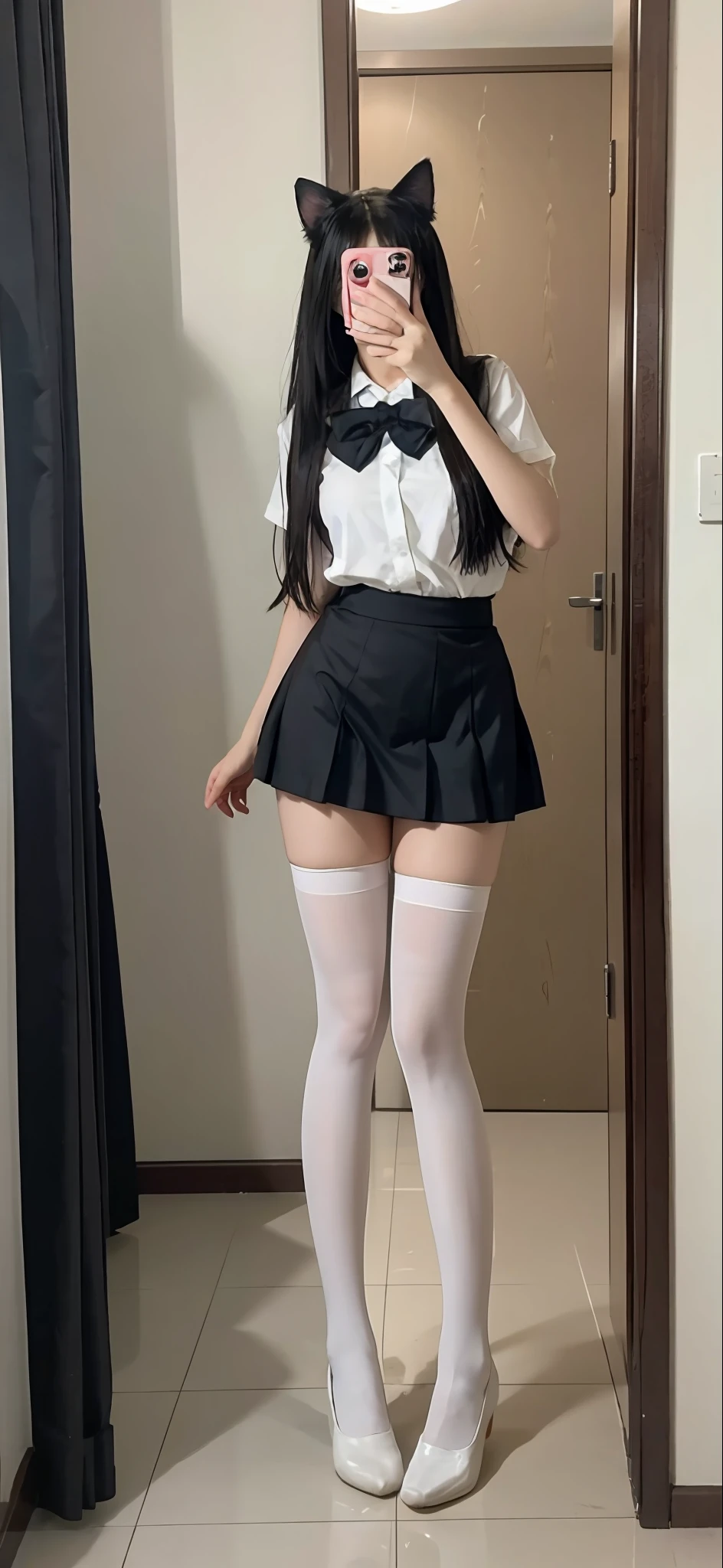 There is a woman in a skirt and a cat mask taking a selfie in front of the mirror, Surrealism female students, thighhighs and skirt, Surrealism female students, Realistic schoolgirl, cute female student, wearing skirt and high socks, Full body picture, anime barbie in white stockings, dressed as schoolgirl, very sexy outfit, Anime girl cosplay, pretty face with arms and legs