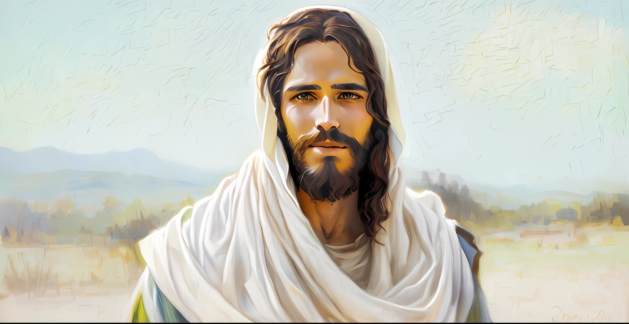 Man with beard and white shawl on his head, Jesus Christ, dressed as Jesus Christ, Jesus of Nazareth, face of Jesus, Greg Olsen, Jesus, Nicodemus, portrait of Jesus Christ, Lord and Savior, He is greeting you warmly.