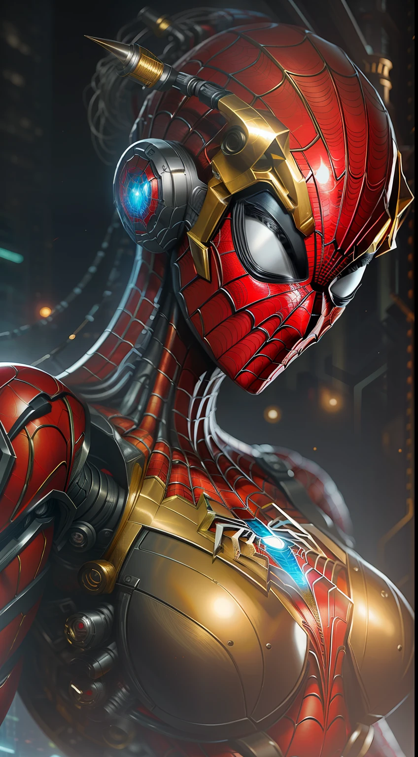 Spidergirl from Marvel photography, biomechanics, complex robots, gold spiderman logo, full growth, hyper-realistic, crazy little details, incredibly clean lines, cyberpunk aesthetic, masterpiece featured on Zbrush Central