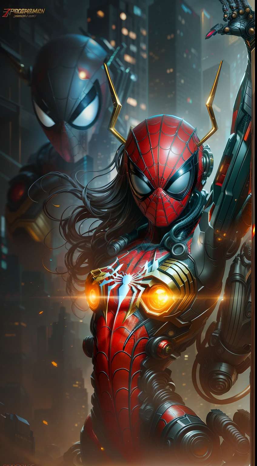 Spidergirl from Marvel photography, biomechanics, complex robots, gold spiderman logo, full growth, hyper-realistic, crazy little details, incredibly clean lines, cyberpunk aesthetic, masterpiece featured on Zbrush Central