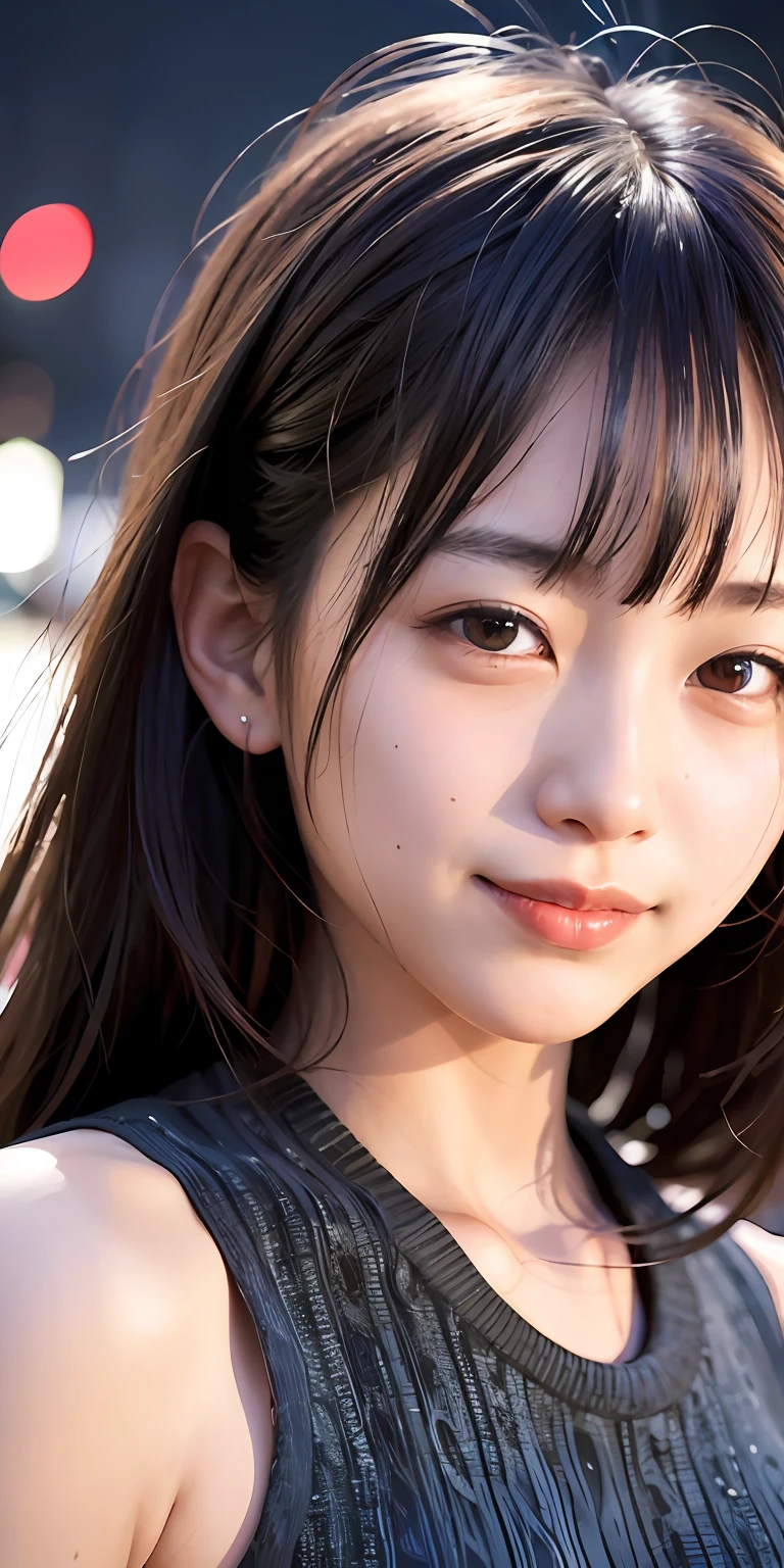 1girl, Tokyo street,night, cityscape,city lights,upper body,close-up,smile,, (8k, RAW photo, best quality, masterpiece:1.2),(realistic, photo-realistic:1.37),