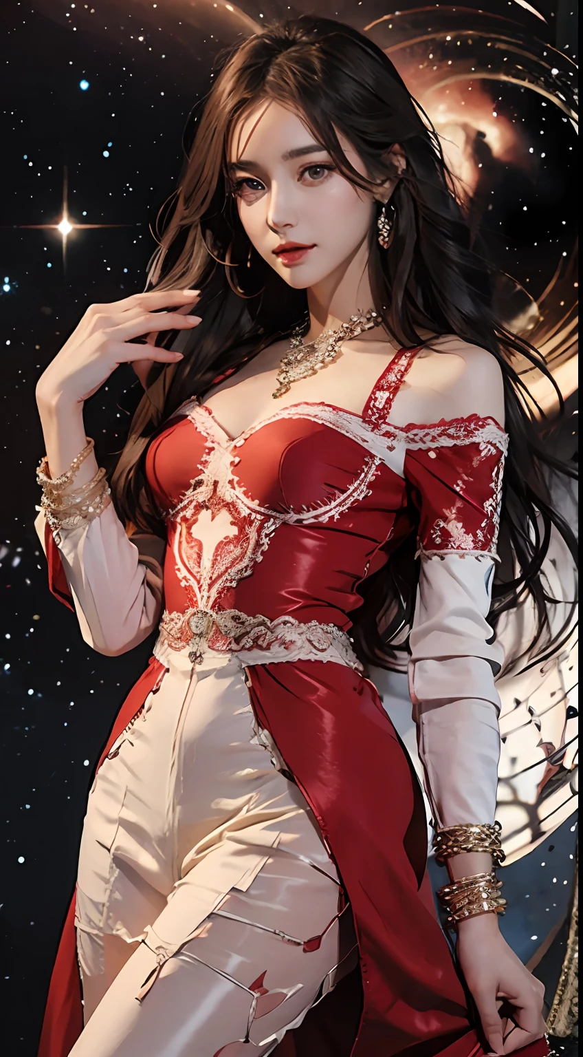 Delicate facial features, beautiful  Girl, Above is a red bandow, Red lace pants underneath, antique dress, Handheld Strings, long hair hanging down the shoulders, floating in the universe