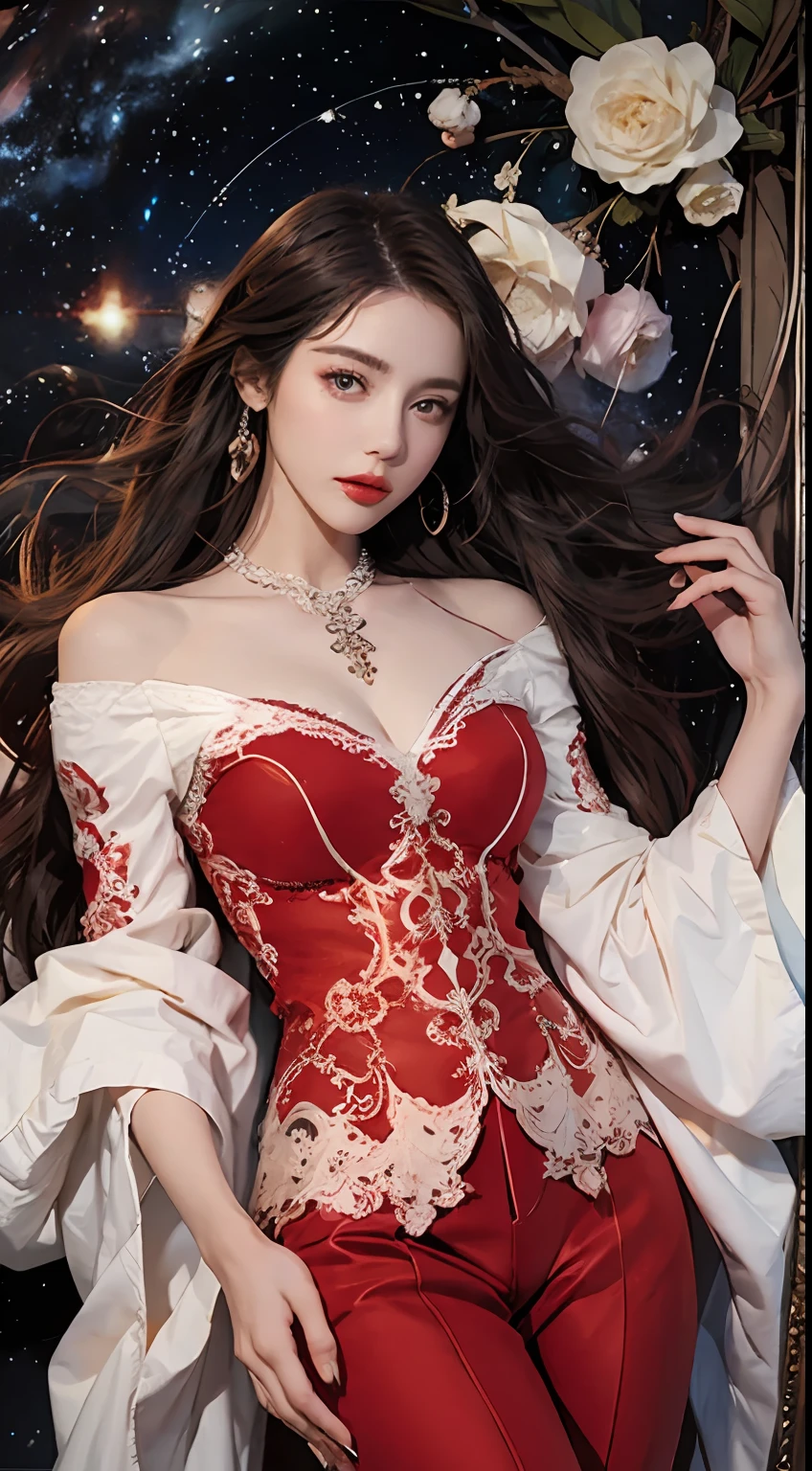 Delicate facial features, beautiful  Girl, Above is a red bandow, Red lace pants underneath, antique dress, Handheld Strings, long hair hanging down the shoulders, floating in the universe