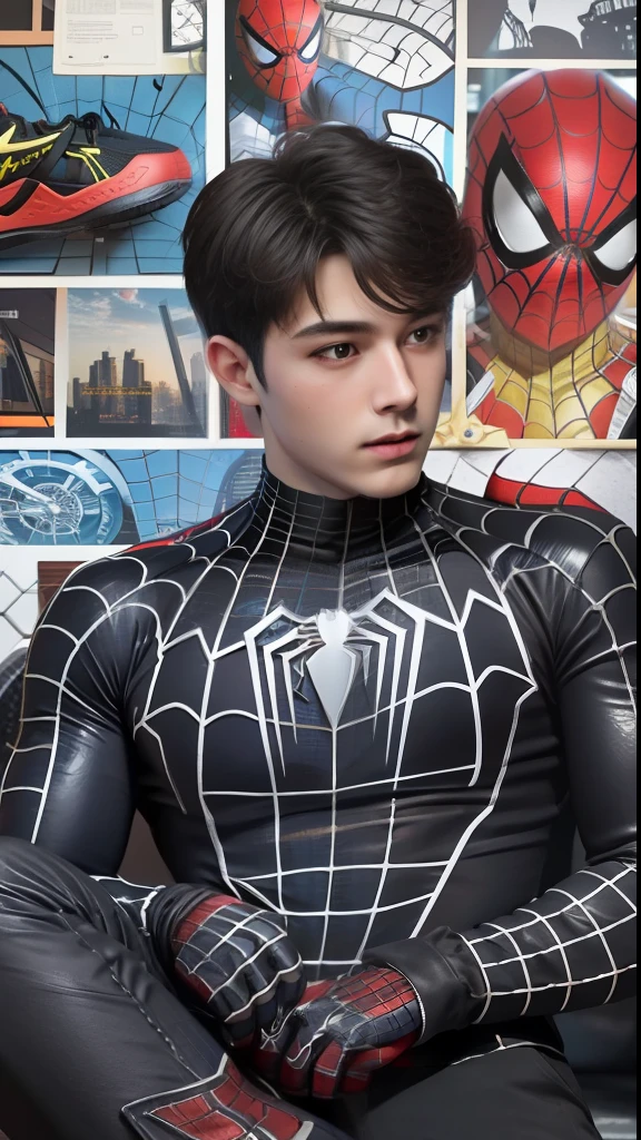 Best quality, ultra high resolution, ultra-detailed,realistic,18 years old,boy,costume Spiderman black,