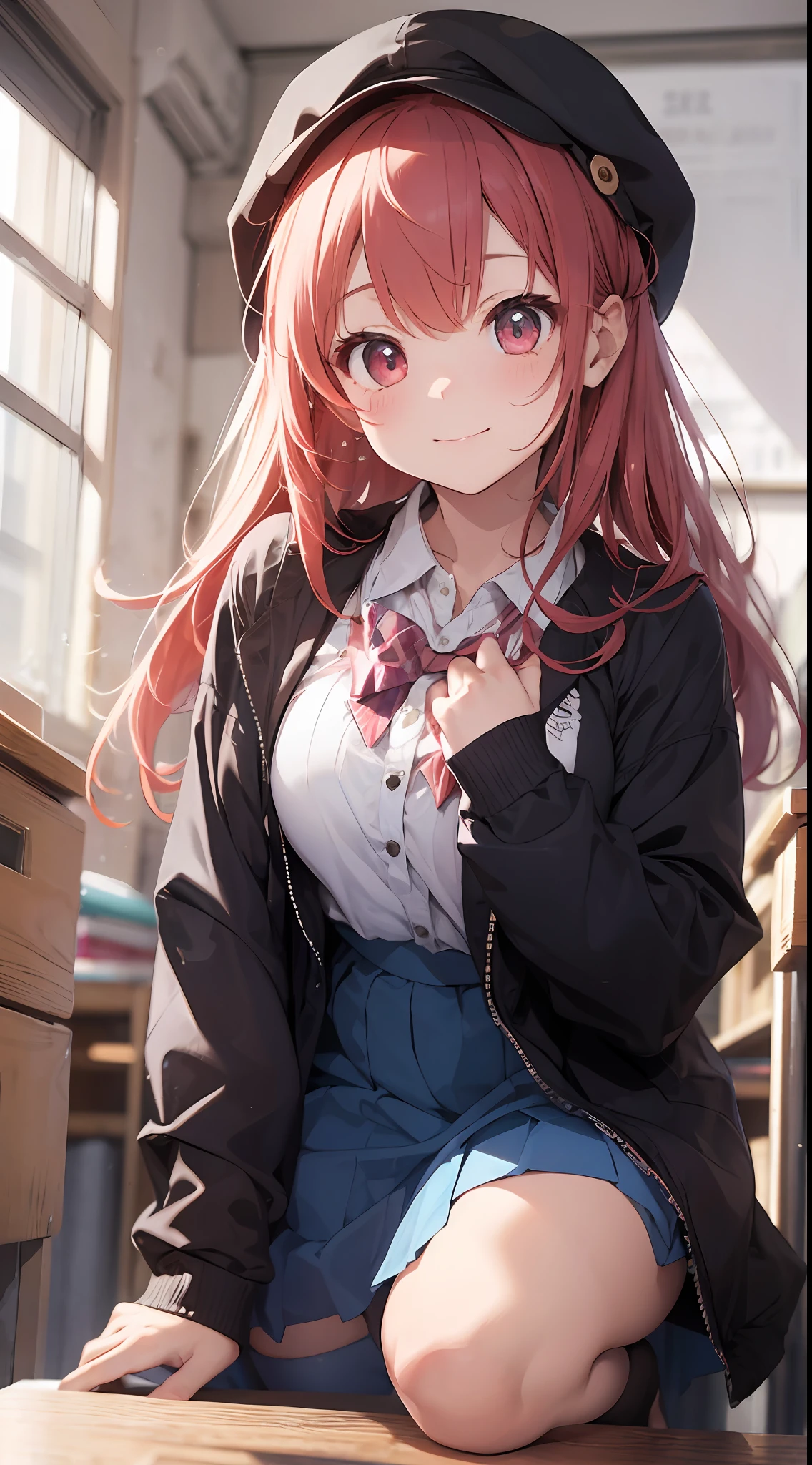 Masterpiece to the smallest detail、top-quality、girl with、17 age、独奏、Looks like 12 years old、150cm petite beautiful girl、small tits、a baby face、red hairs、Gradient bob in the forward、Pink and violet mesh、red eyes、Red eyes、Tall, big eyes、Outstanding looks、A lovely child、proximity、closed_mouth、a smile、red blush、full of shyness、blue headwear、Hats、pink bowtie、校服、 Blue jacket、jaket、skirt by the、Gray skirt shirt、white shirt、an legs、Black socks、sitting on、Classroom、hair_ornament、looking_at_viewer、beatiful detailed eyes、Akame、panties on、lift up one's skirt、Professional effects、