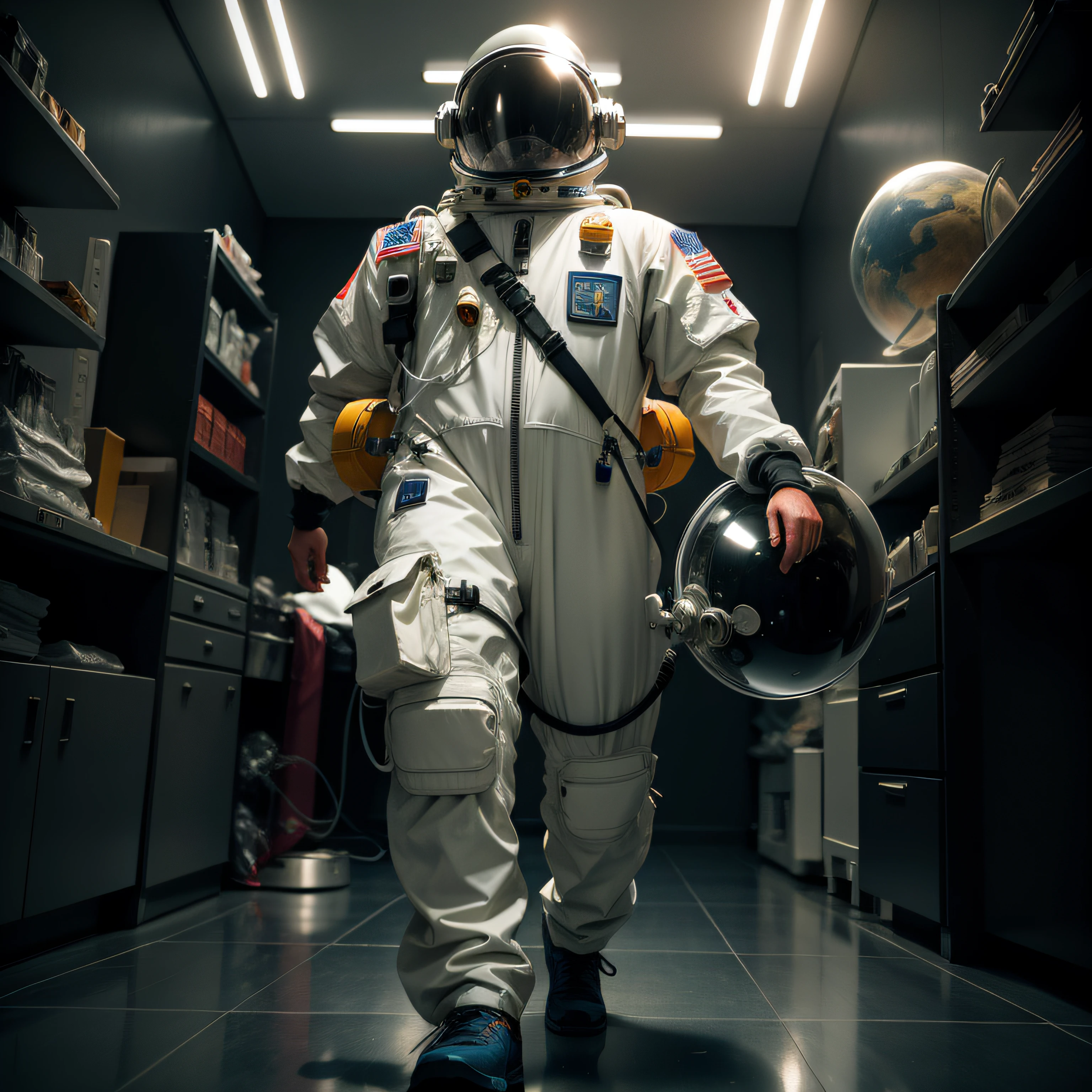 Ultra-realistic space helmet，Medical equipment in hand，space scene