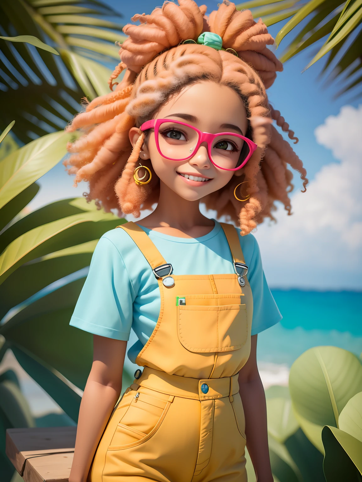 (obra-prima), (melhor qualidade), (ultra-detalhado), (corpo inteiro: 1.2) adolescente, Eyeglasses, light and detailed overalls, touca, sorriso claro, corpo inteiro, :3, cabelo escuros, afro, modern accessories, fundo tom pastel , colorido e simples.