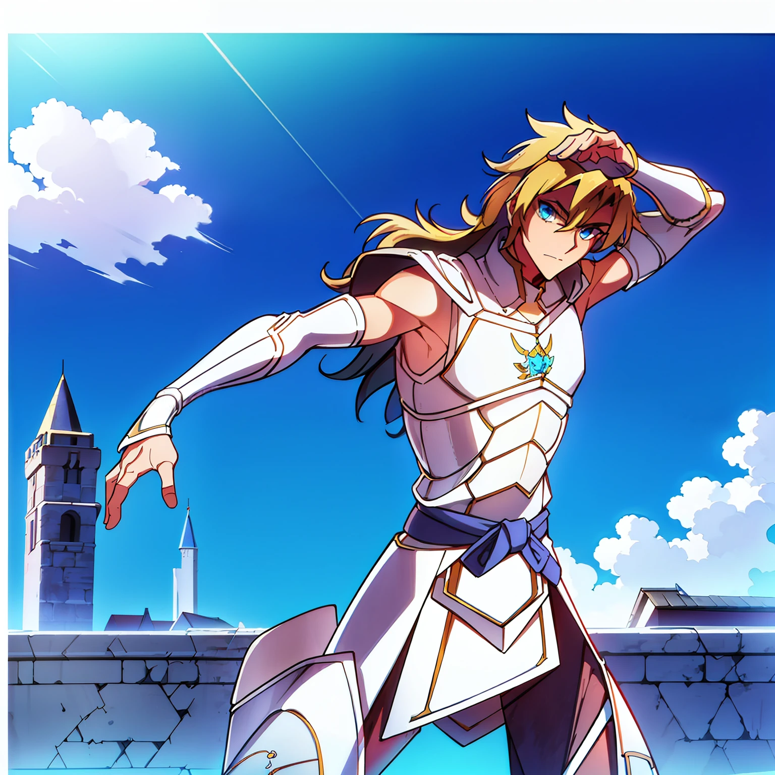 A 30-year-old man, with an athletic body, medium-long blonde hair, blue eyes, wears steel plate armor, poses heroically and stands outside a castle