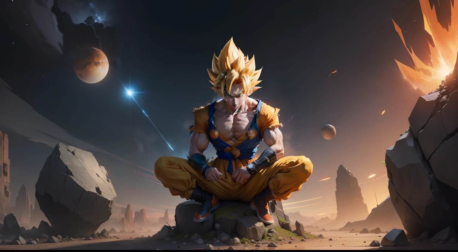 Super saiyan goku male focus, earth \(planet\), planet, space, cracked ground and rocks rising up, rubble rising, clean face