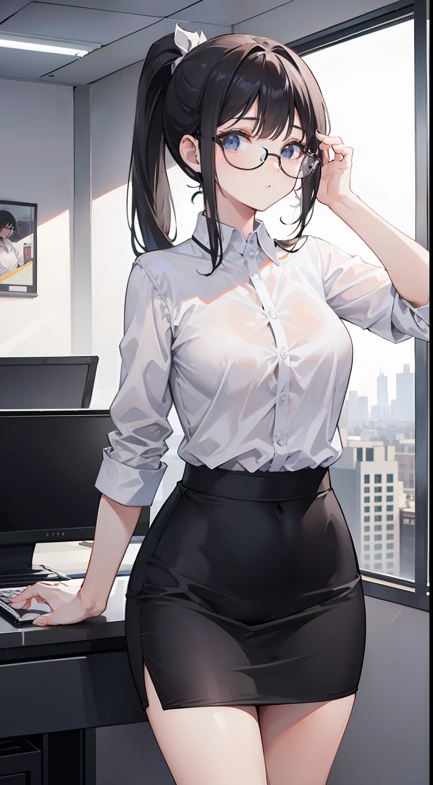 night, office, 1 girl, solo, glasses, white shirt, short black pencil skirt, half body model, ponytail