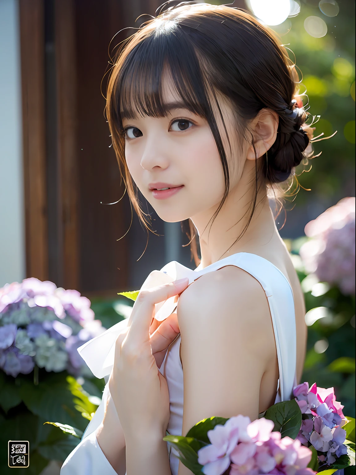 (((Full body photo)))), ((Single eyelid))),((Sunset backlight))),(Lens flare)),(Wearing china clothes)),(((Super Soft Focus)))))), smiling, (Profile))))), (Upward)), twilight, showering, Colorful hydrangea on background, surrounded by hydrangeas, ((soft sunset)), (yinchuan:1.5), masterpiece, best quality, raw photo, photorealistic, face, beautiful girl, cute, short hair, ((((depth of field)))), high resolution, ultra detail, fine detail, very detail, cinematic lighting